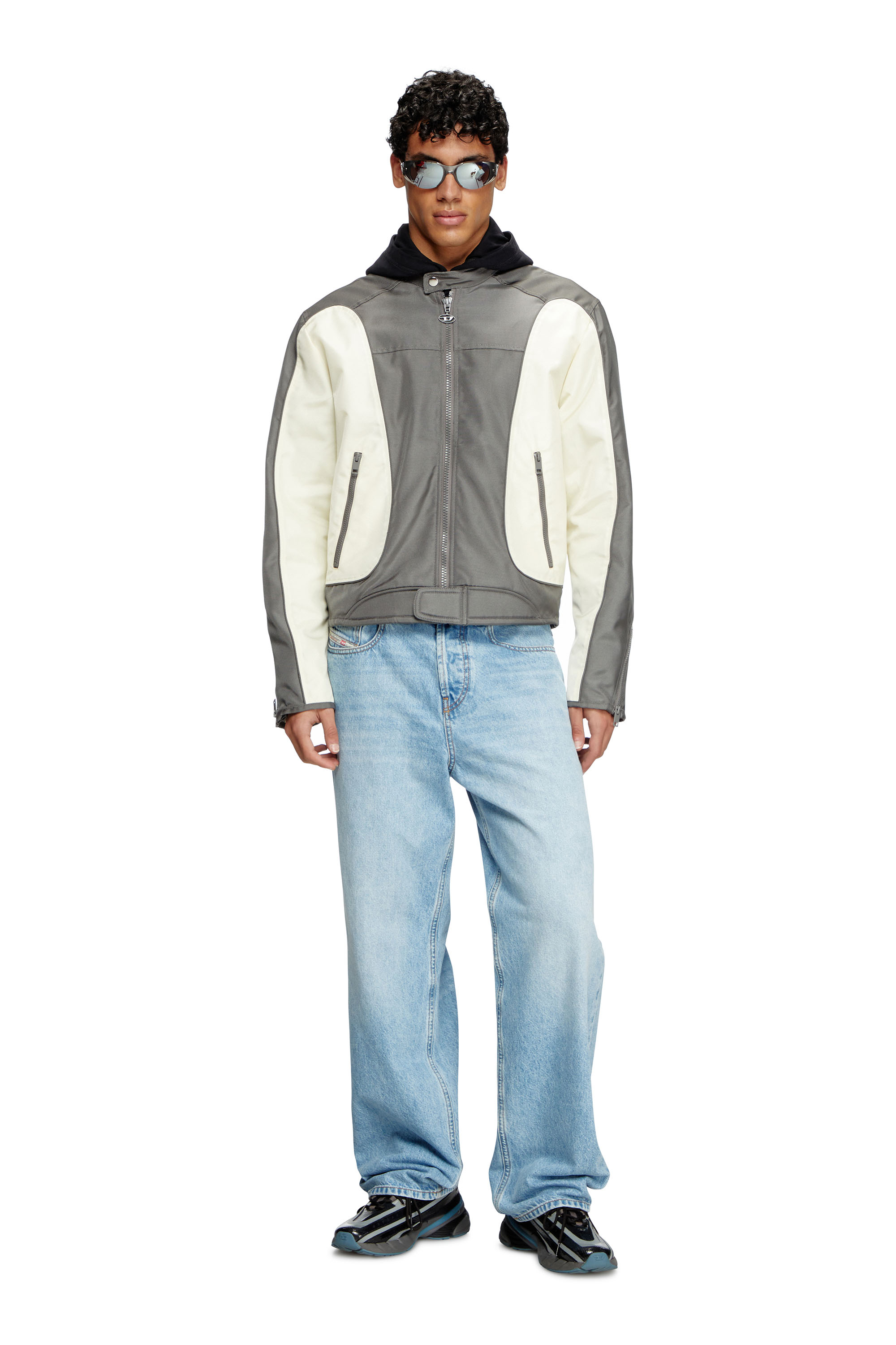 Diesel - J-BLINK-A, Male's Colour-block biker jacket with piping in Grey/White - 2