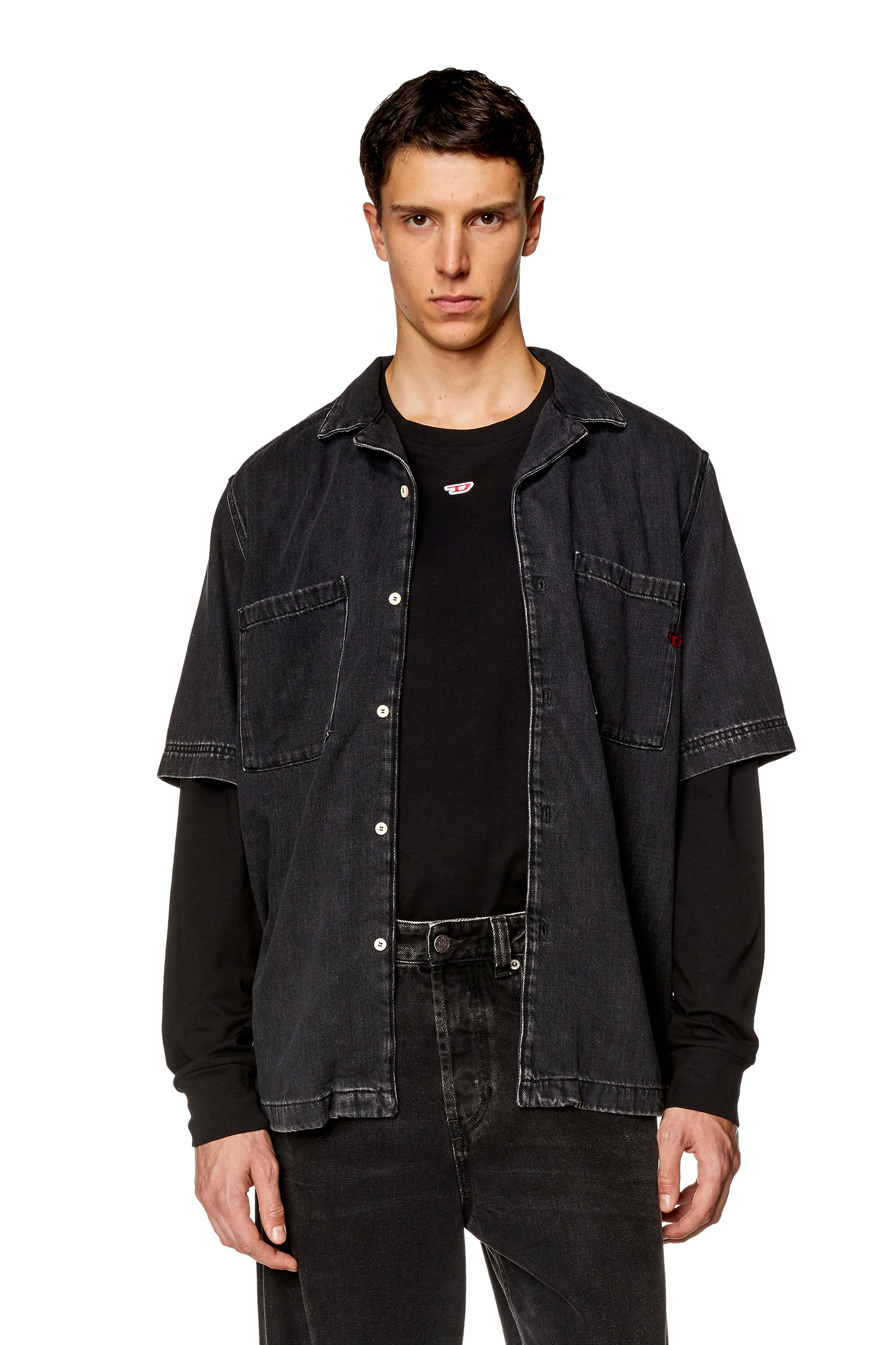 Diesel - D-PAROSHORT, Male's Bowling shirt in Tencel denim in Black - 1