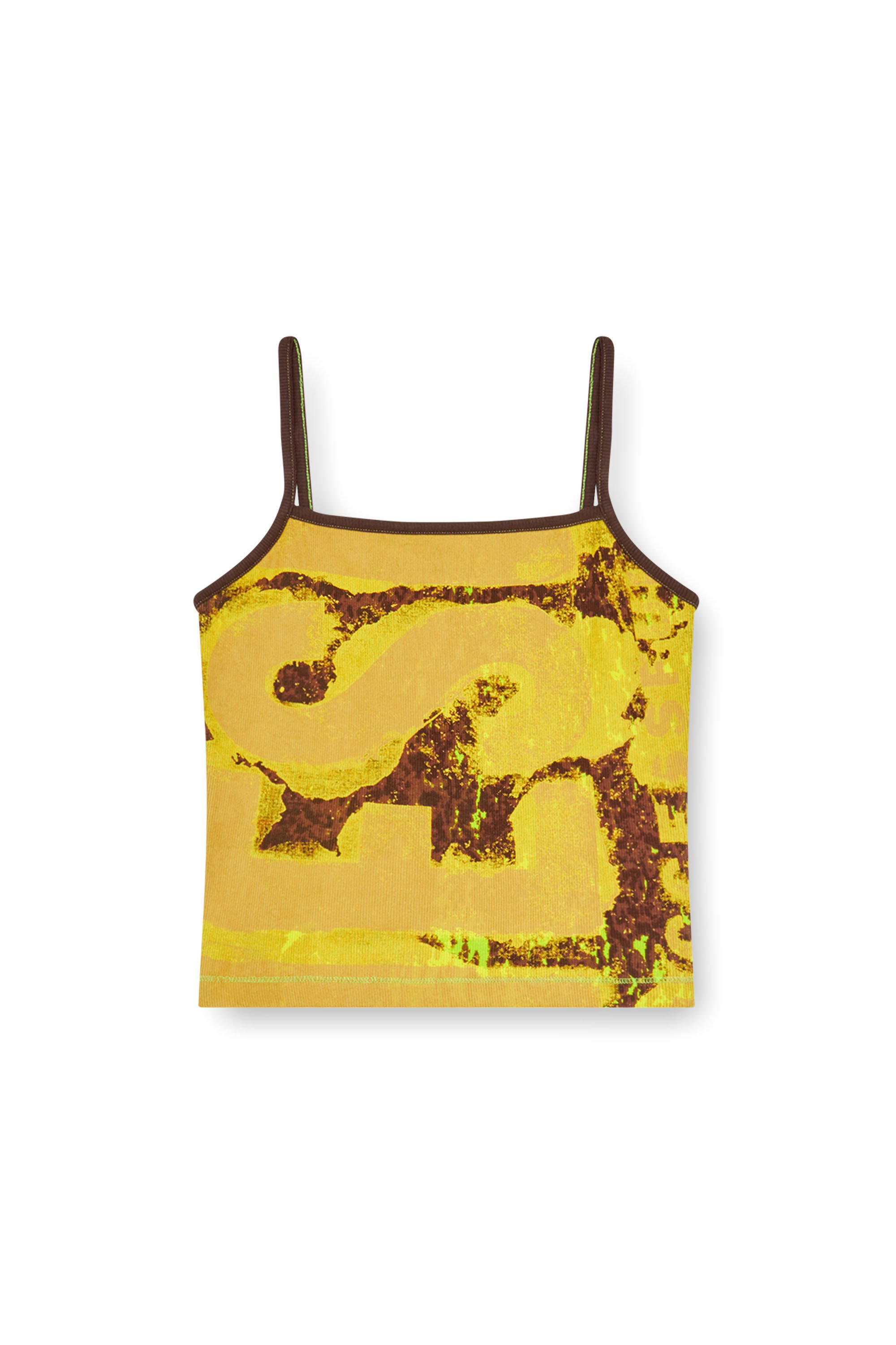 Diesel - T-HOP-P1, Female's Ribbed crop top with rain-camo print in Brown/Yellow - 4