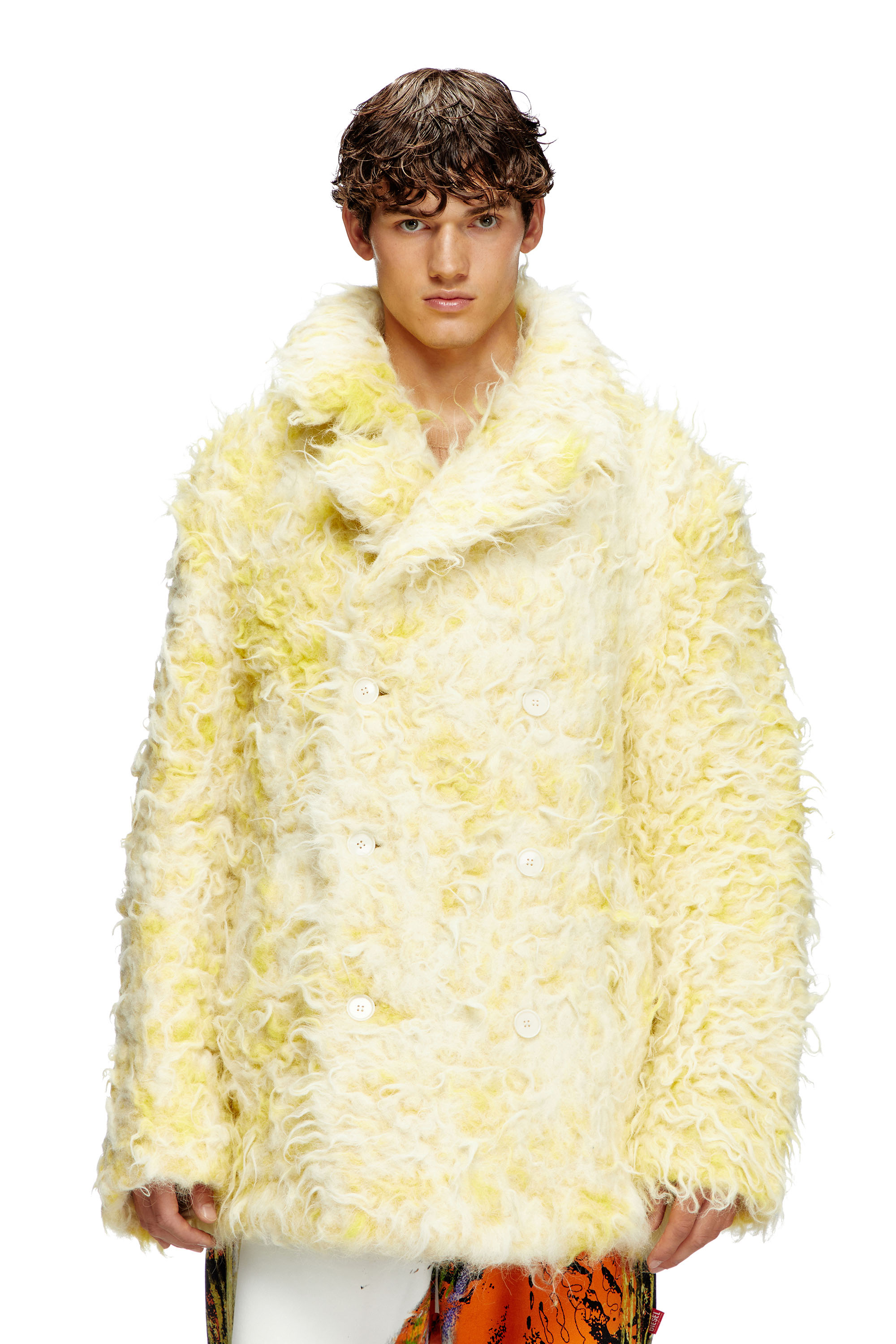 Diesel - W-MIN-SHORT, Male's Double-breasted coat in shaggy alpaca blend in Yellow - 1