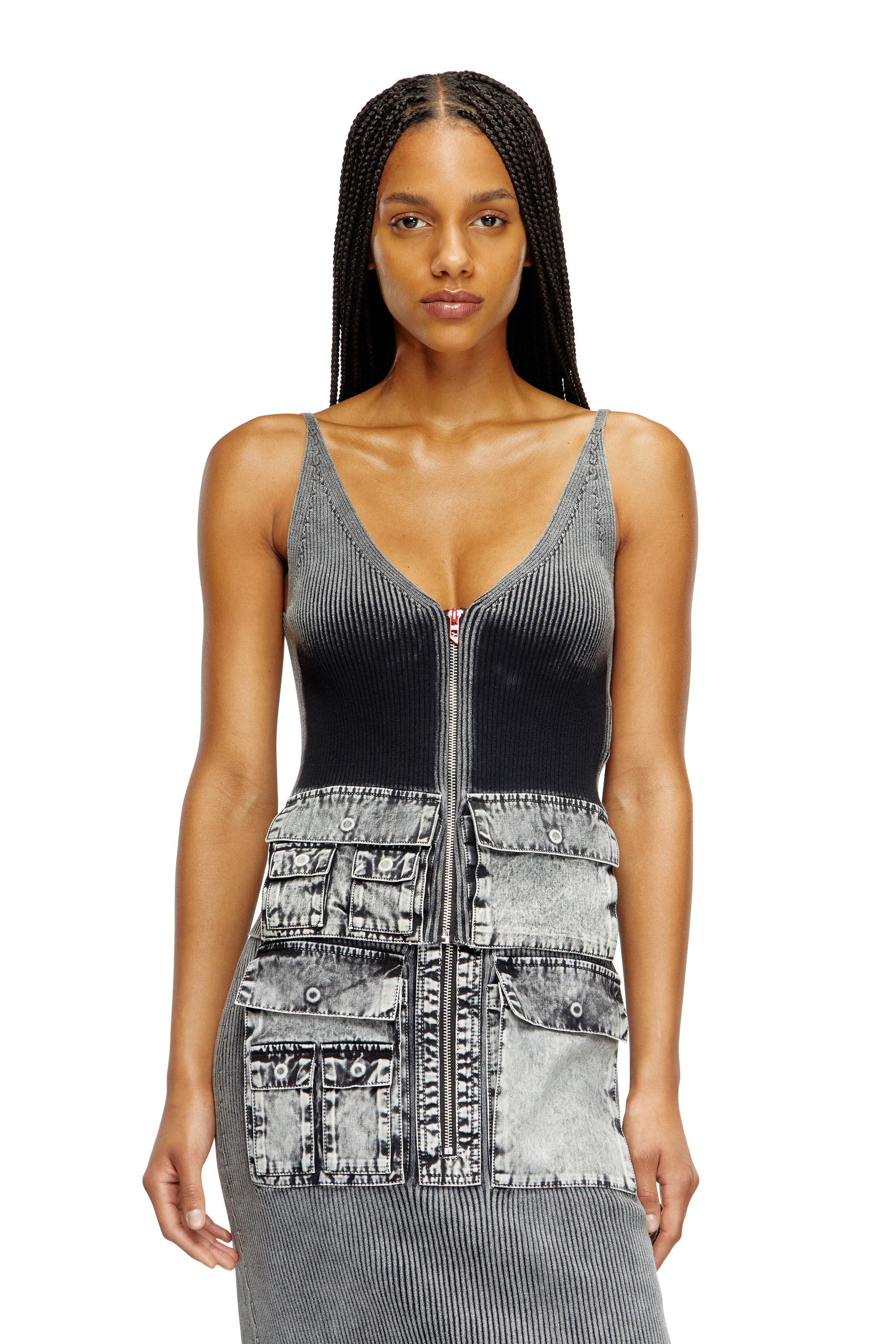 Diesel - M-MELLY, Female's Knit tank top with denim cargo pockets in Dark Grey - 1