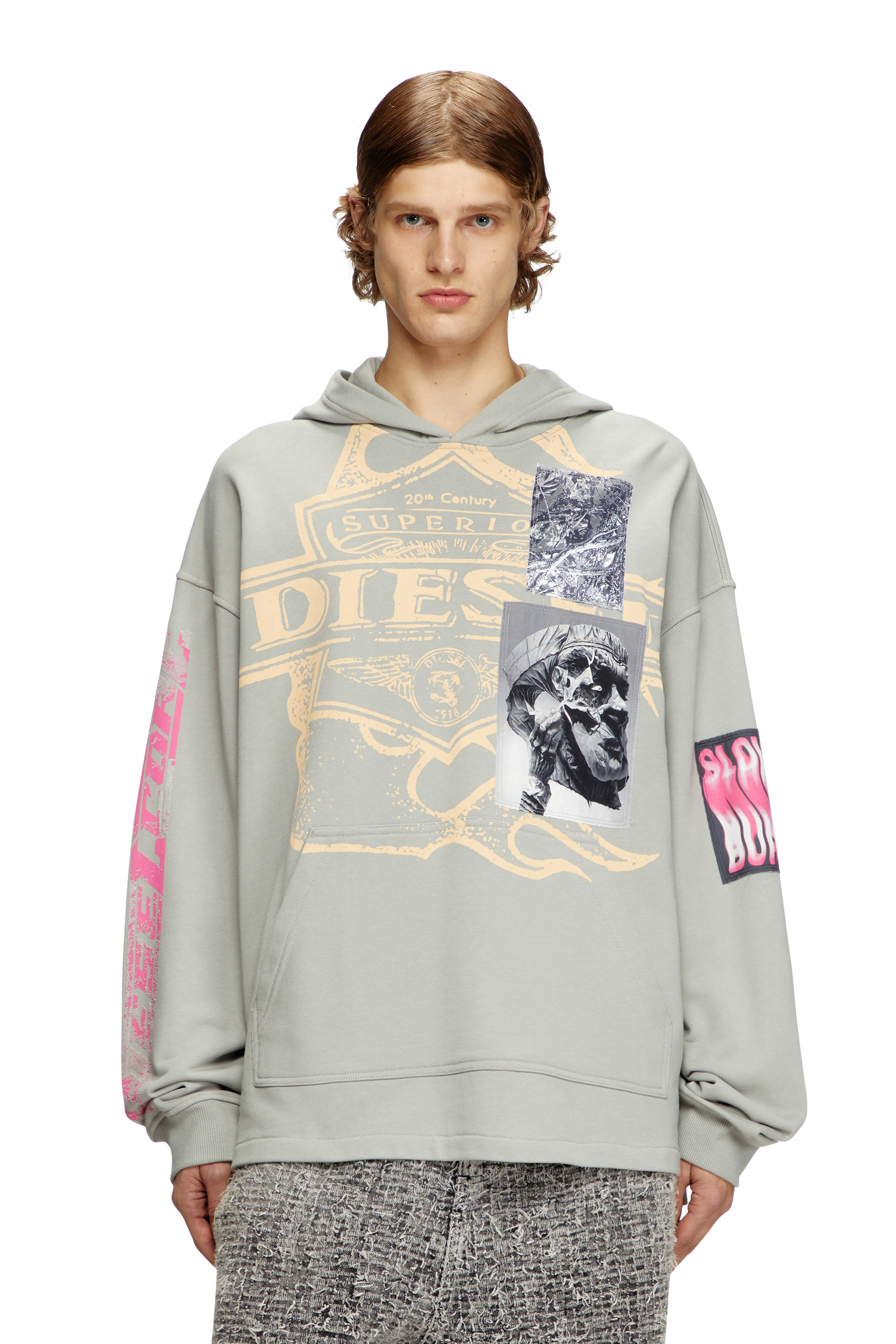 Diesel - S-BAXT-HOOD-R1, Sweat-shirt à capuche avec imprimés et empiècements à logo Homme in Gris - 1