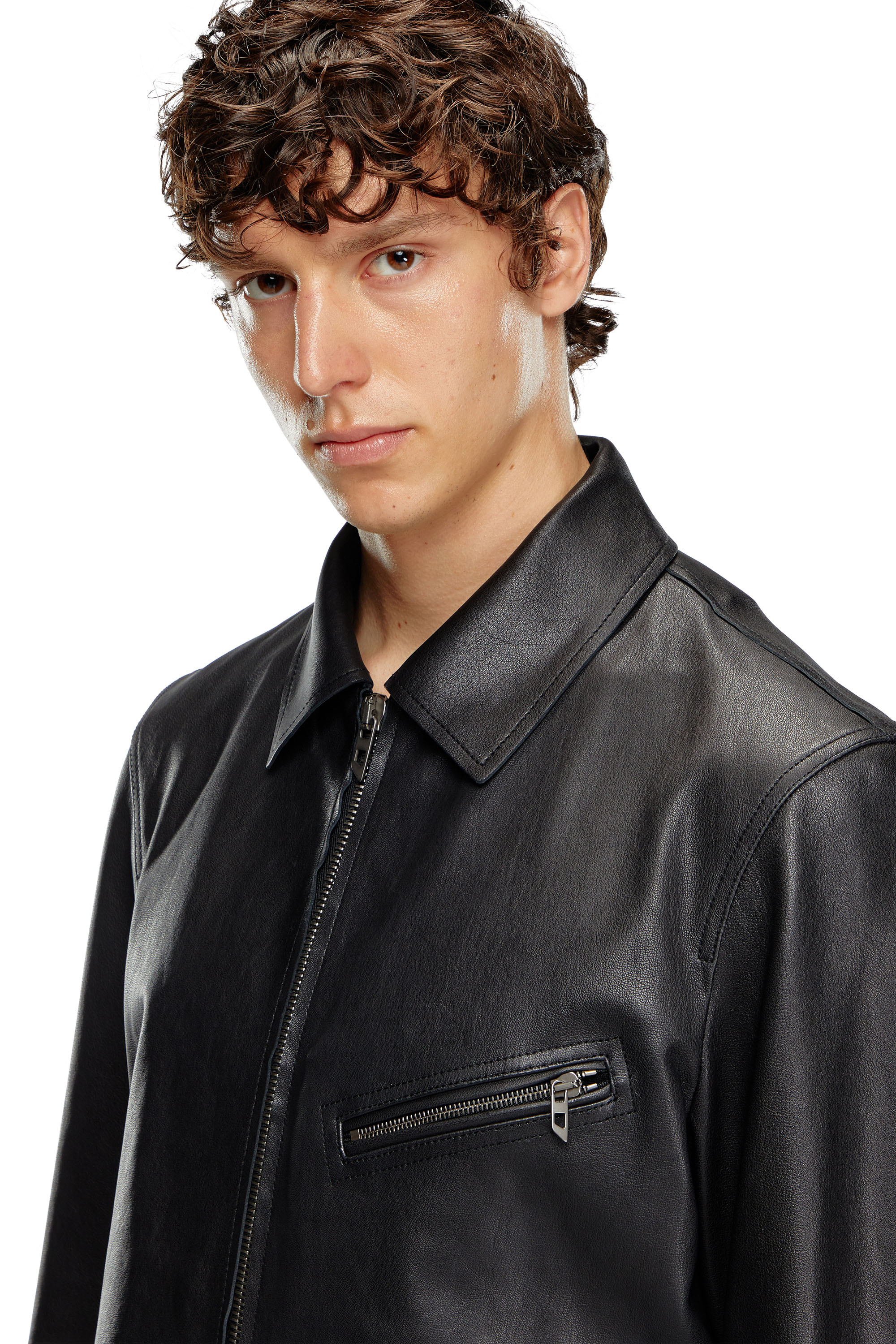 Diesel - L-KORN-A, Male's Leather jacket with embossed Oval D in Black - 4