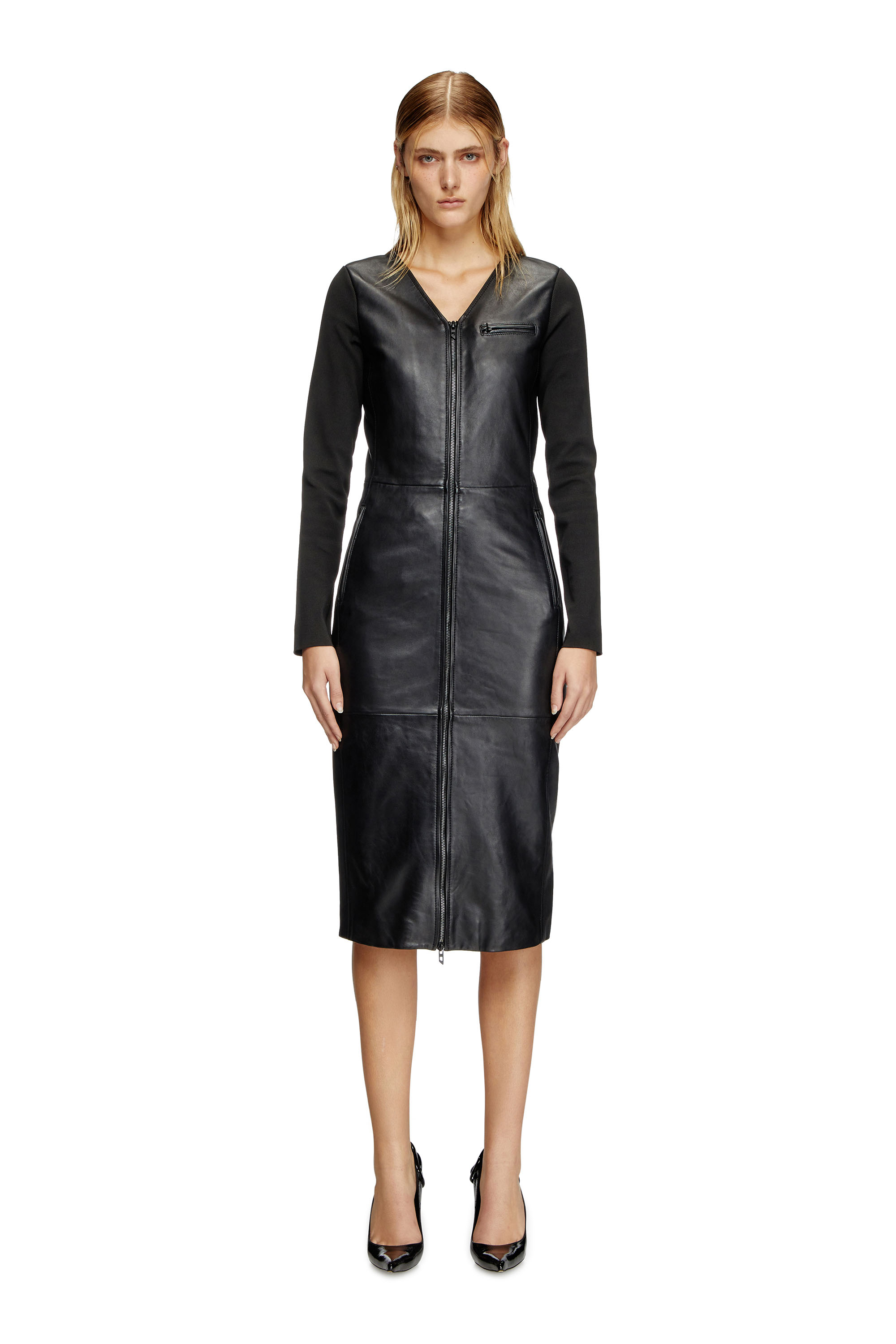 Diesel - L-OLA, Female's Dress in leather and stretch knit in Black - 2