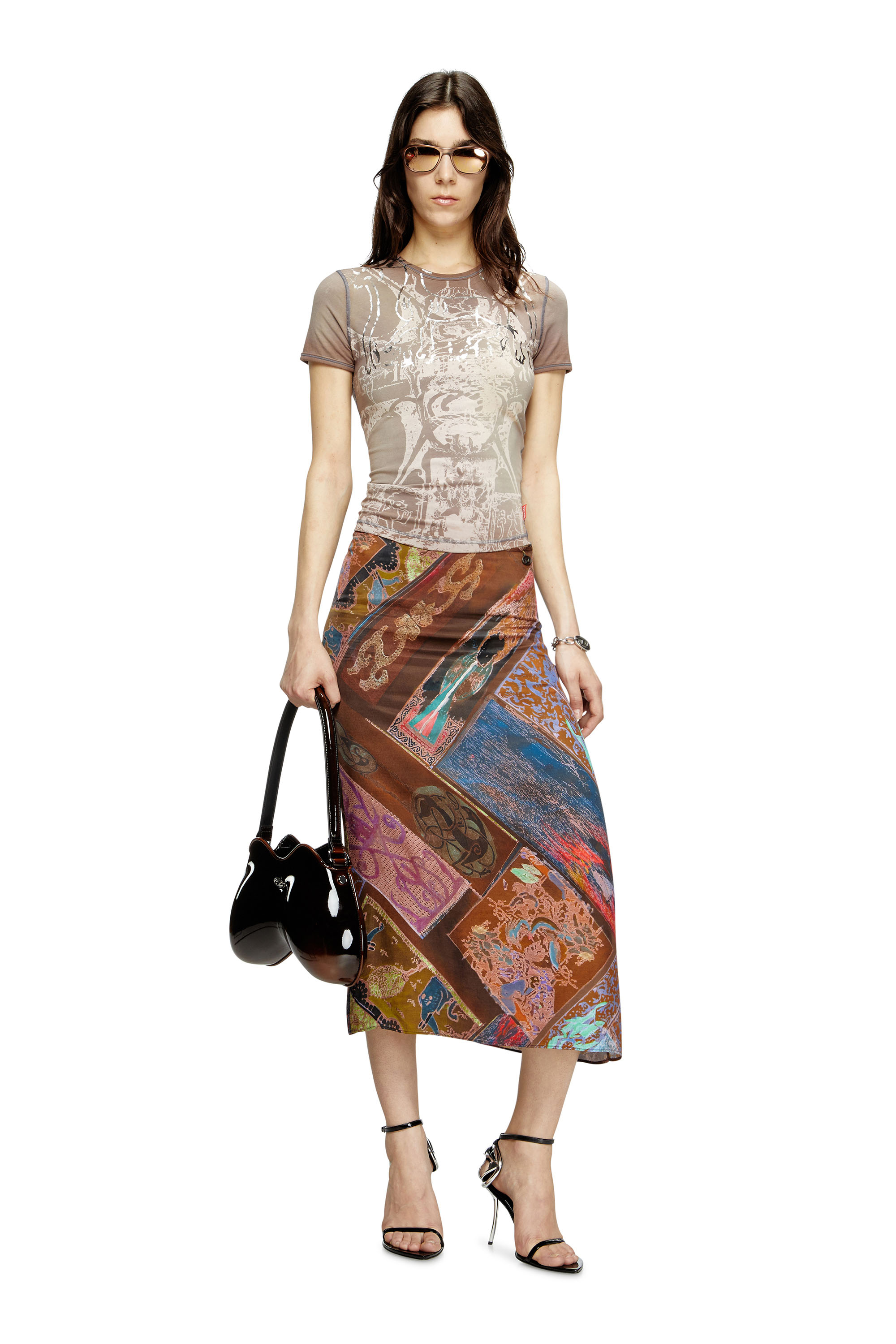 Diesel - T-UNCUTIES-LONG-R6, Female's T-shirt with foil print in Light Brown - 2