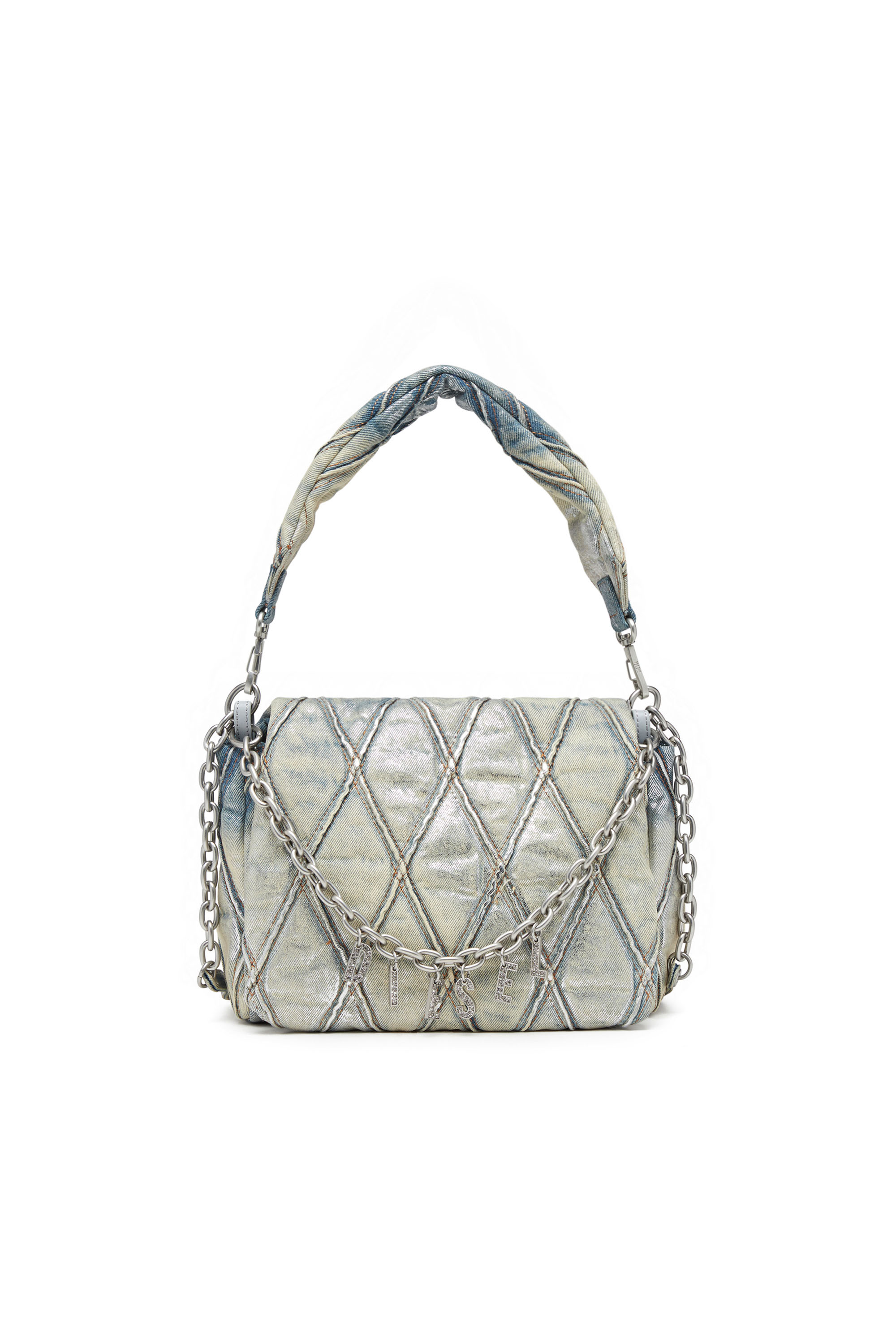 Diesel - CHARM-D SHOULDER M, Female's Charm-D M-Shoulder bag in metallic quilted denim in Light Blue - 1