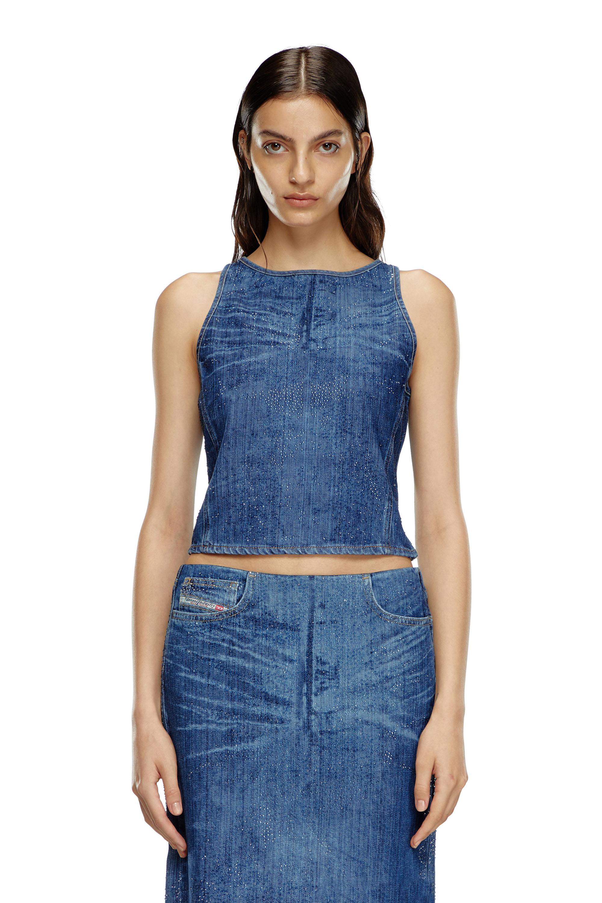 Diesel - DE-PLAQUE-S, Female's Racerback top in rhinestone denim in Medium Blue - 1