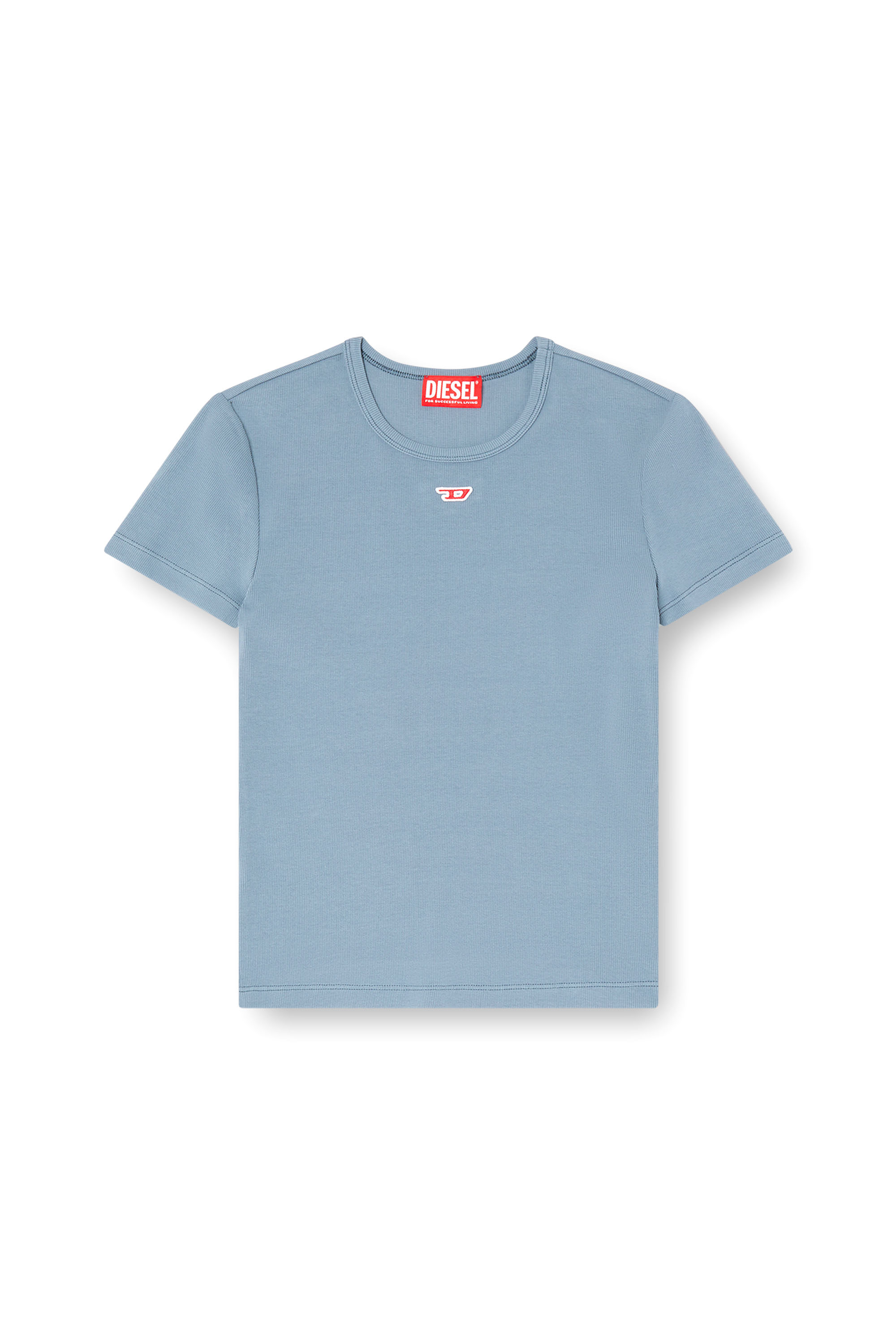 Diesel - T-ELE-LONG-D, T-shirt avec patch logo D Femme in Bleu - 4