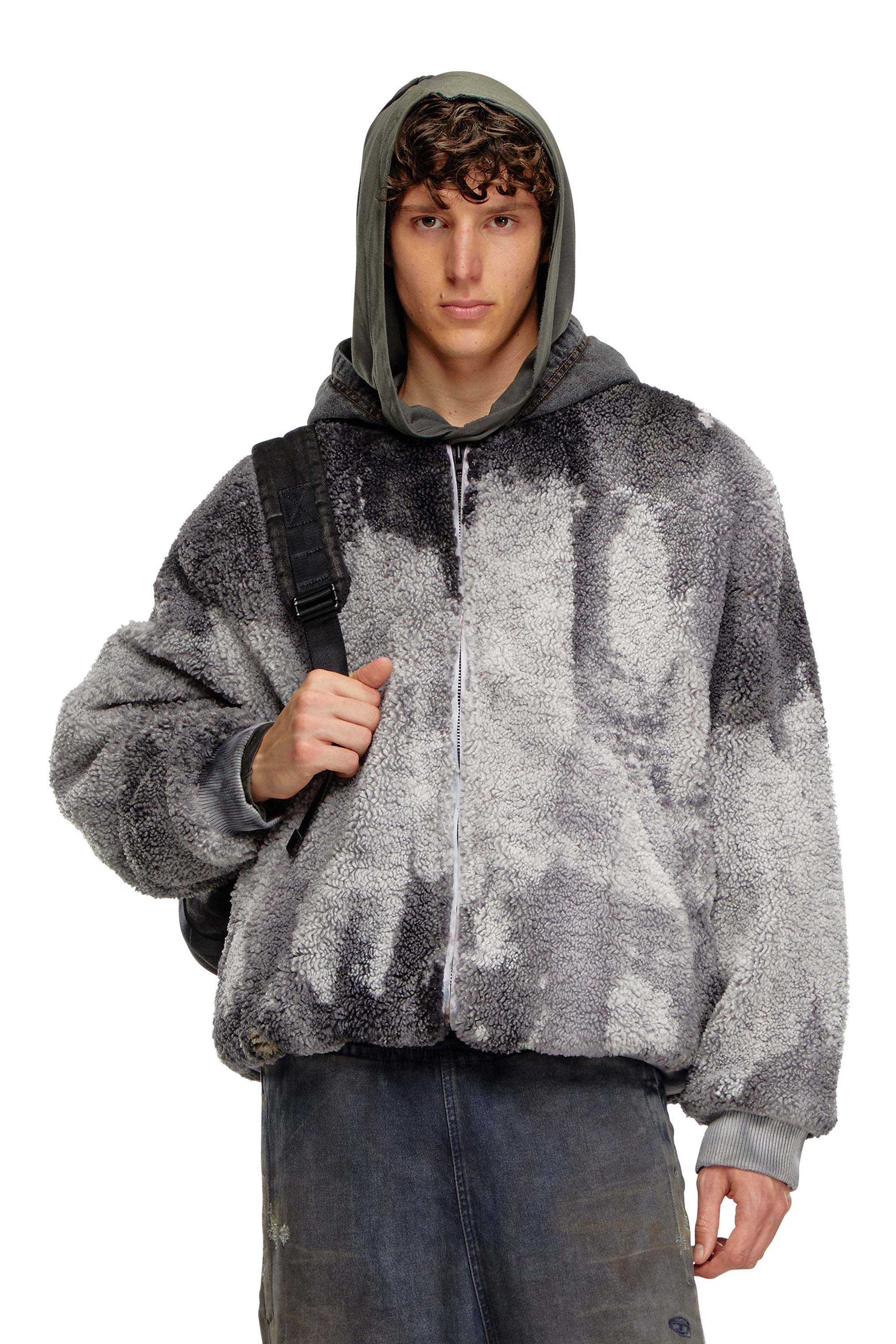 Diesel - S-DEPLA, Male Tie-dyed teddy jacket with denim hood in Grey - Image 1