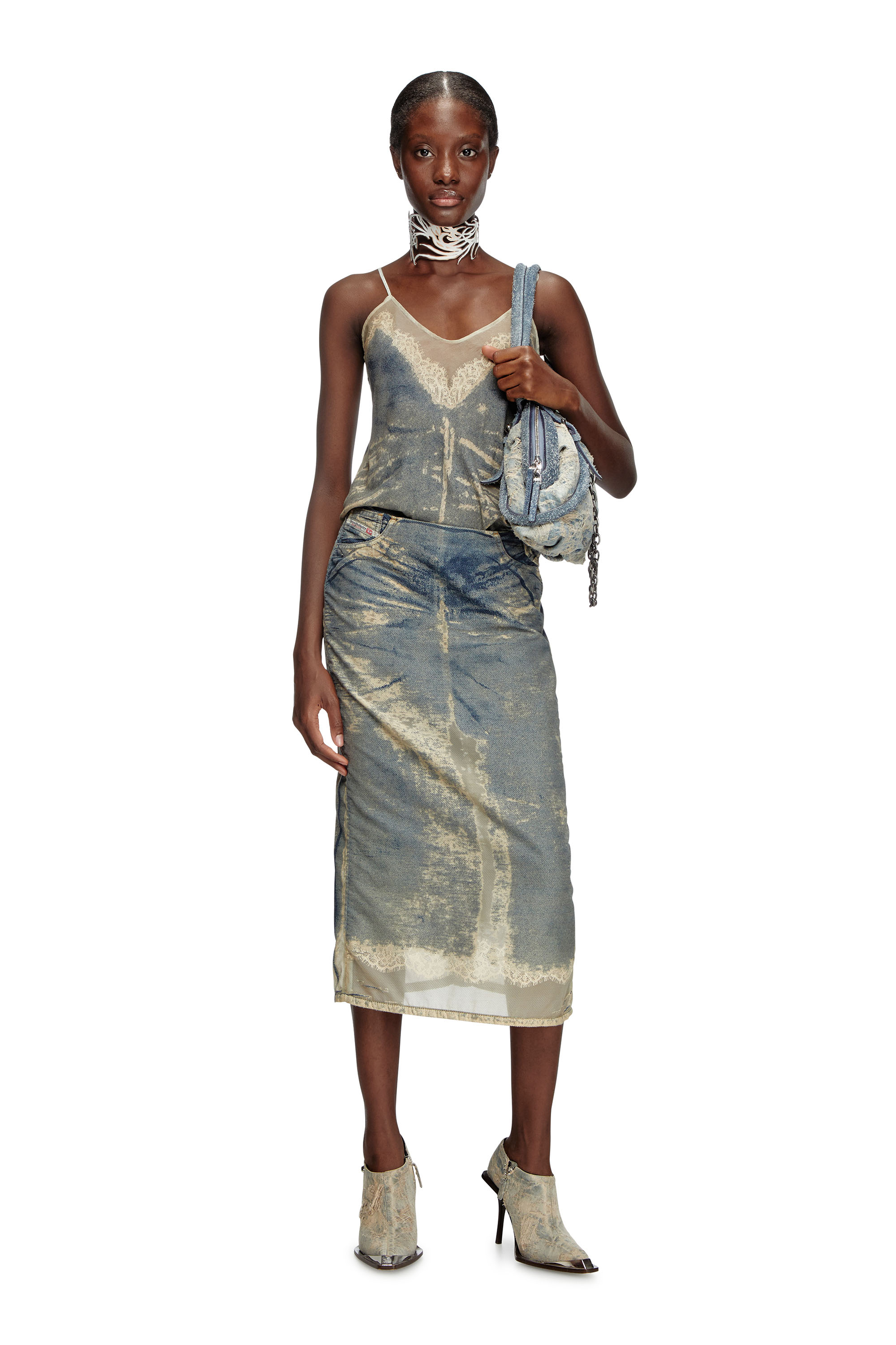 Diesel - DE-PRA-FSF, Female's Midi skirt in floating devoré denim in Medium Blue - 2