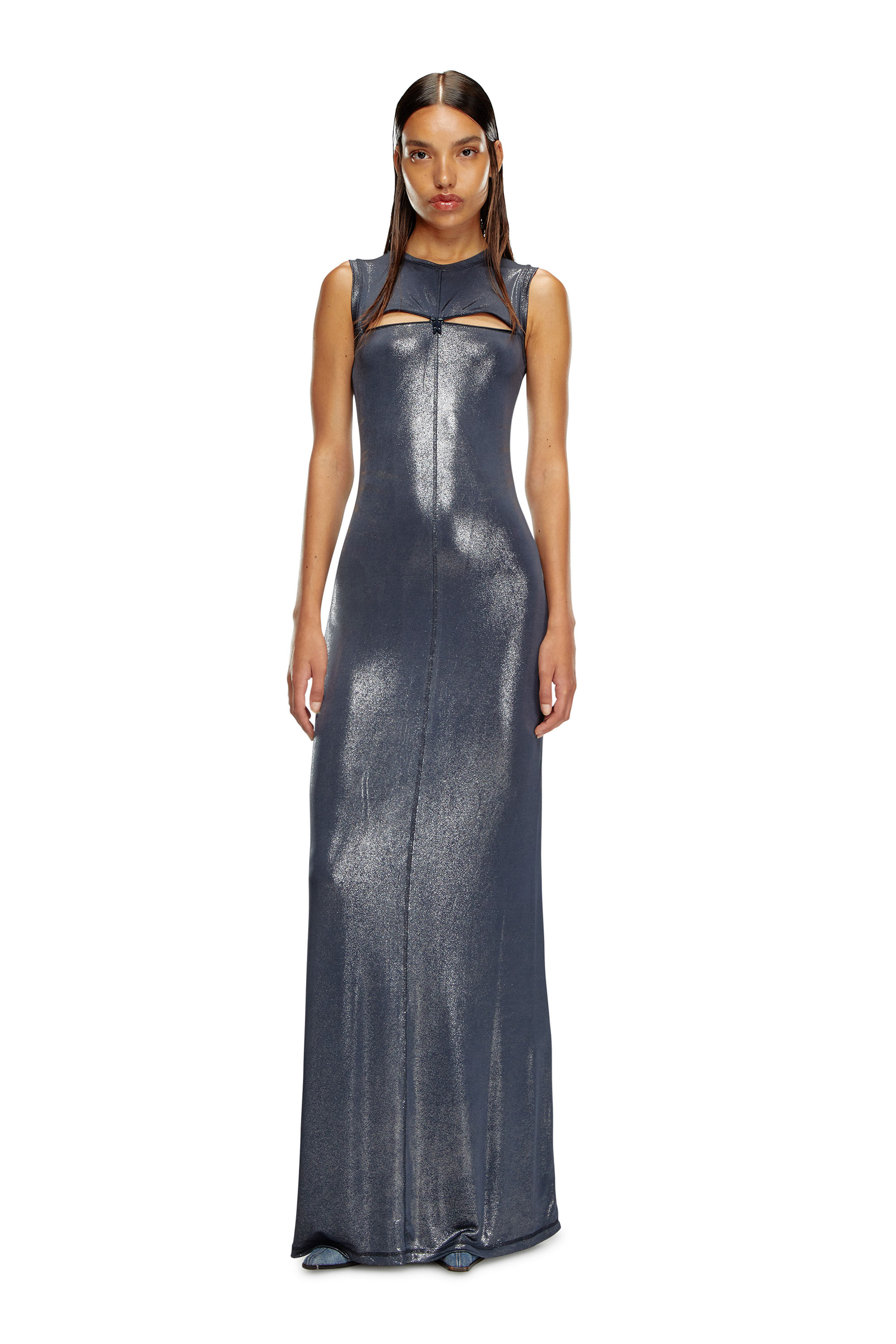 Diesel - D-VETY, Robe longue métallisée avec zip Femme in Bleu - 1