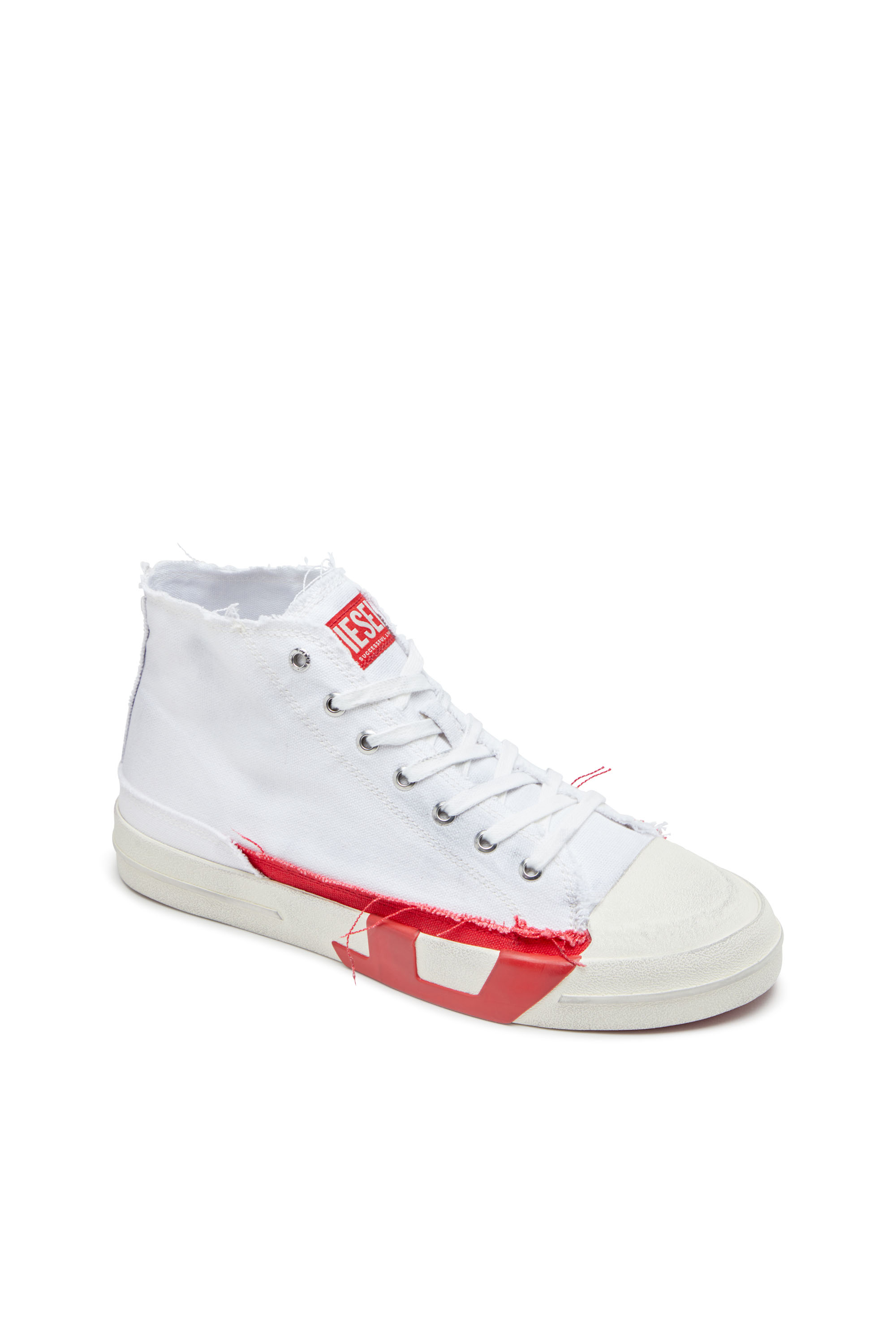 Diesel - S-D-VERSE MID, Male's Dirty-effect high-top canvas sneakers in White/Red - 6