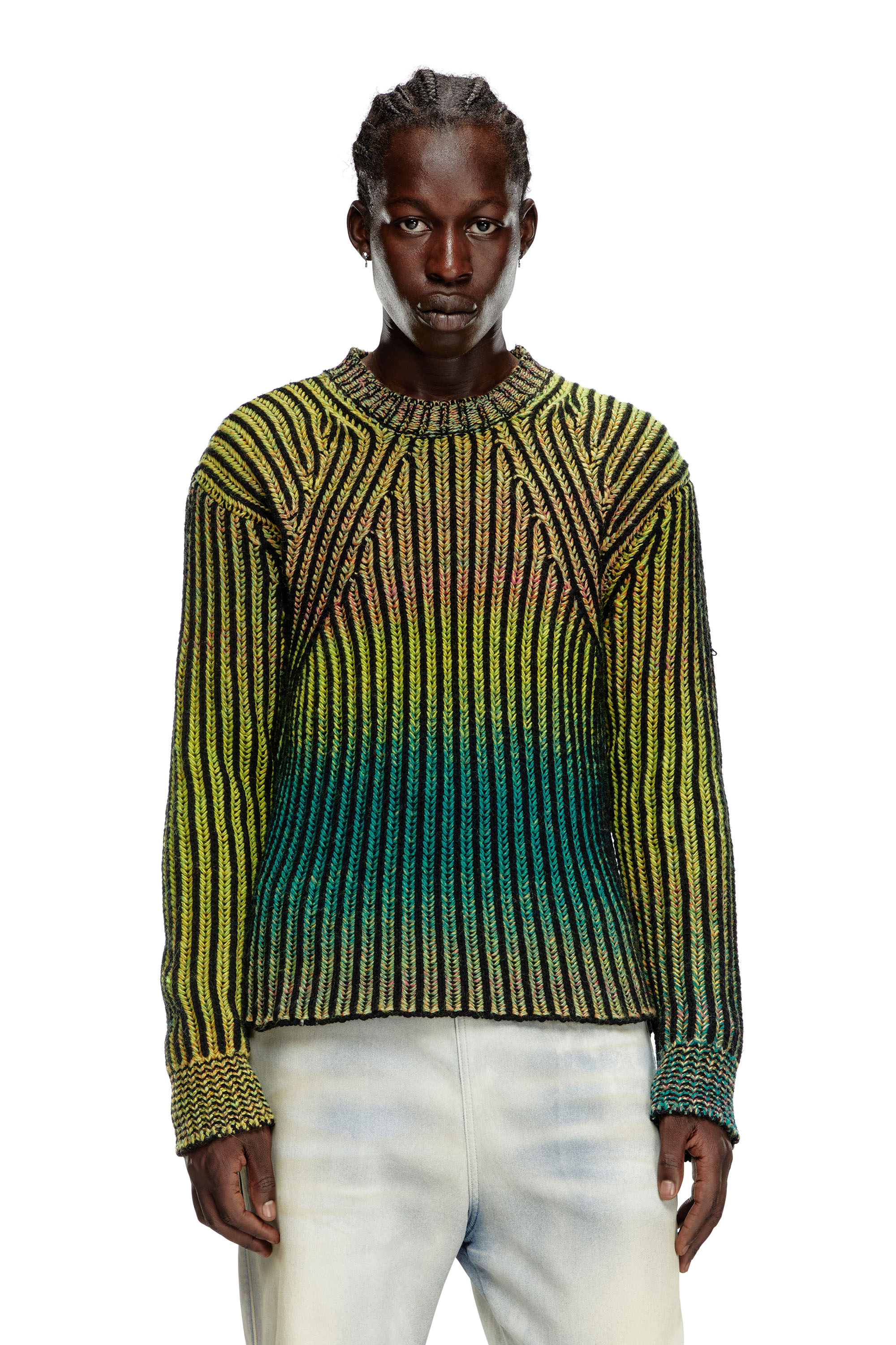 Diesel - K-OAKLAND-A, Male's Striped ribbed jumper in wool blend in Green - 1