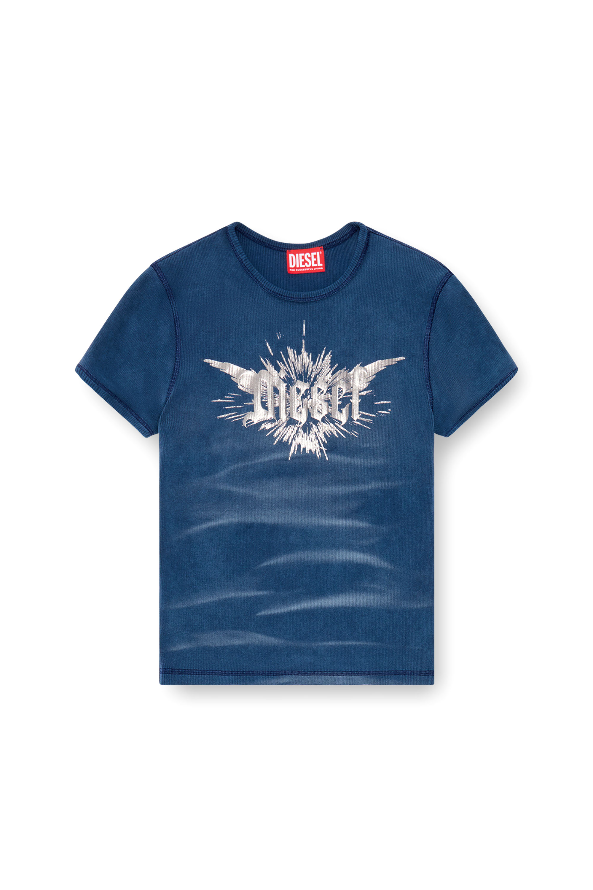 Diesel - T-ELE-LONG-P2, T-shirt avec imprimé métallisé Diesel ailé Femme in Bleu - 4
