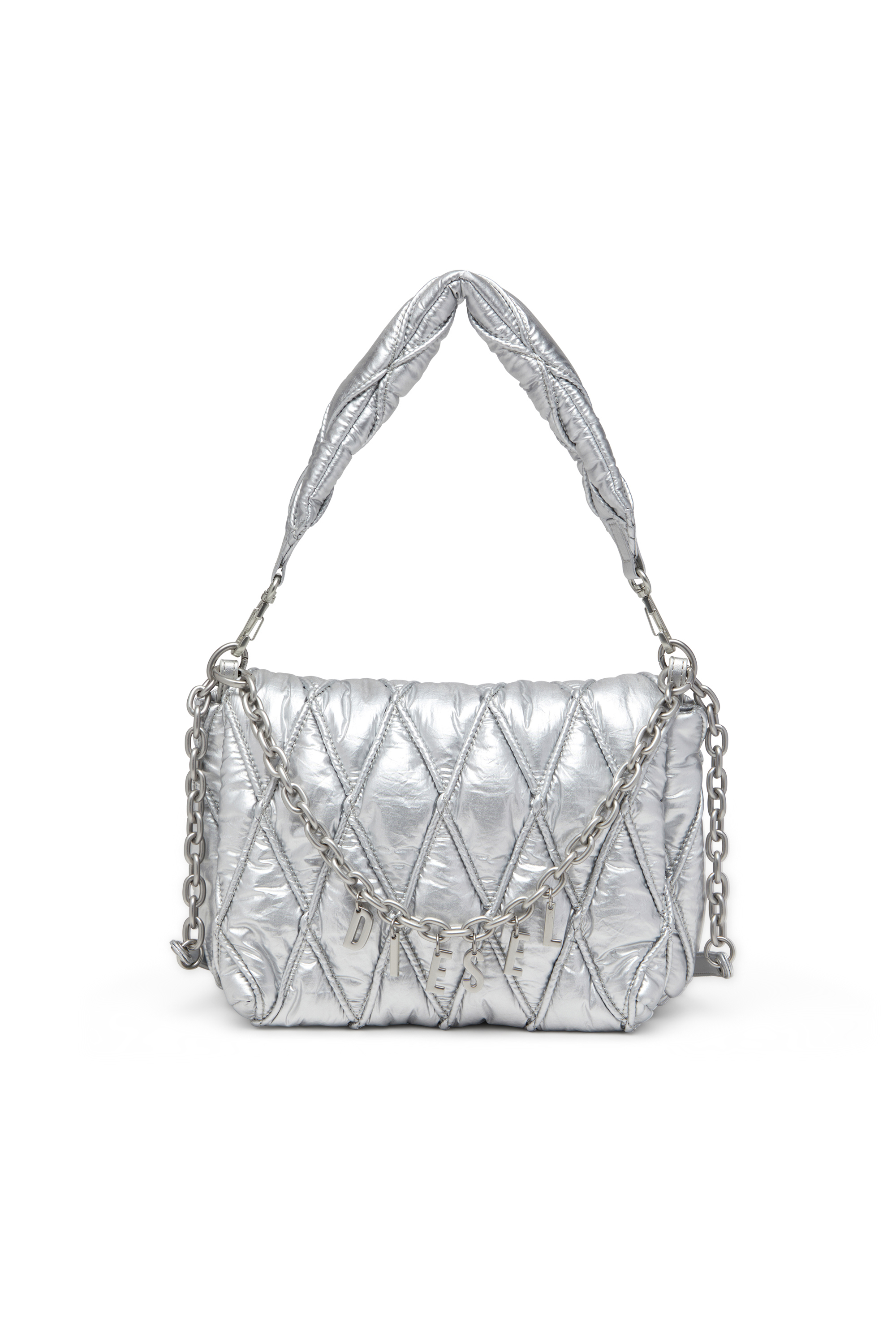 Diesel - CHARM-D SHOULDER M, Female's Charm-D M-Shoulder bag in quilted metallic nylon in Silver - 1