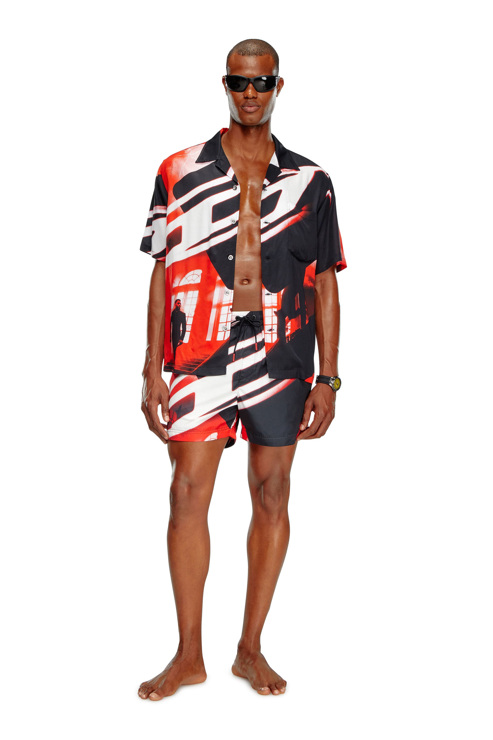 Diesel - BMOWT-ADRIAN, Male's Beach shirt with Oval D poster print in Red/Black - 2