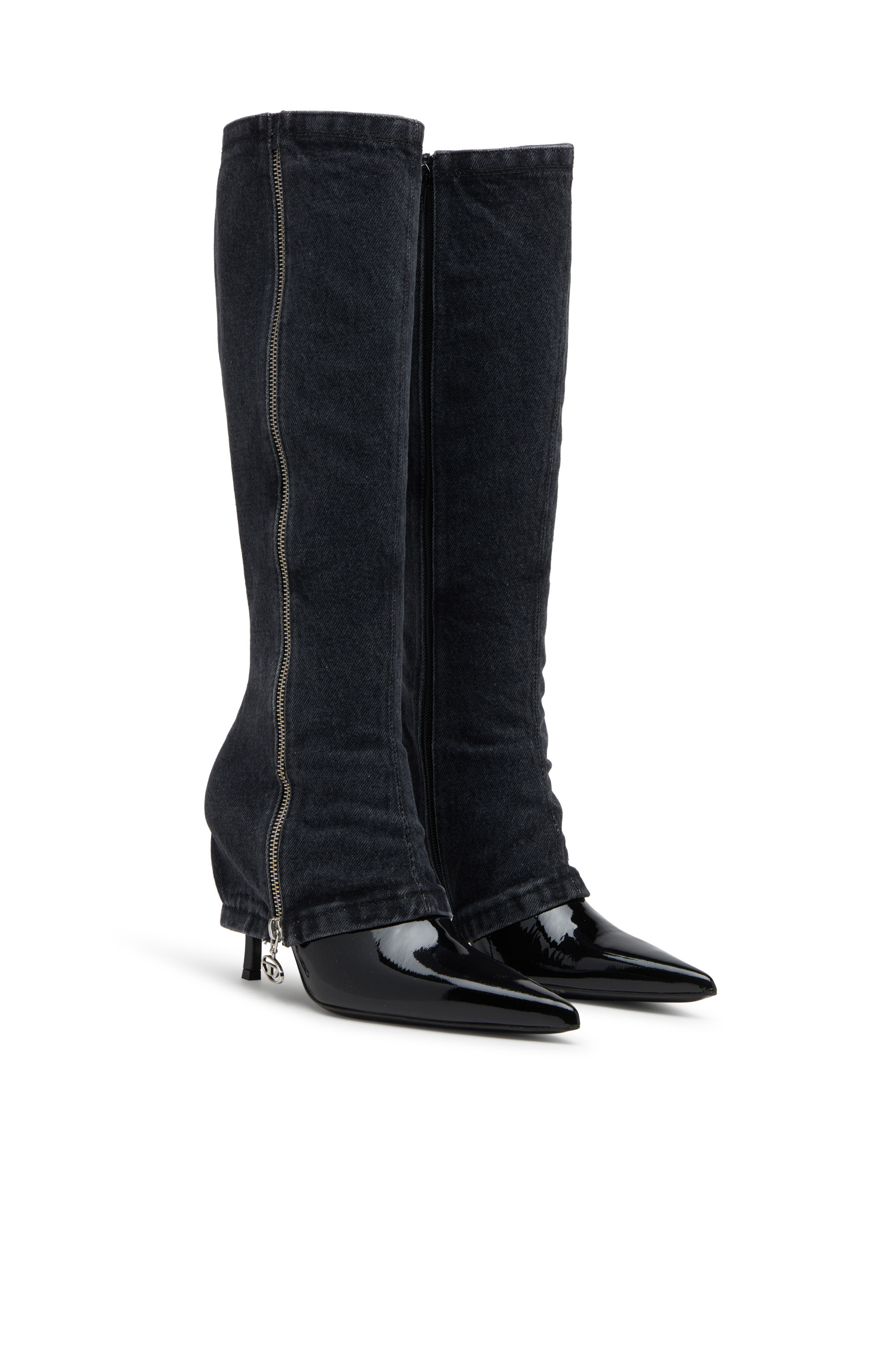 Diesel - D-VENUS TWISTED BOOT, Female's D-Venus-Stiletto knee boots with jean trompe l'oeil in Black - 2