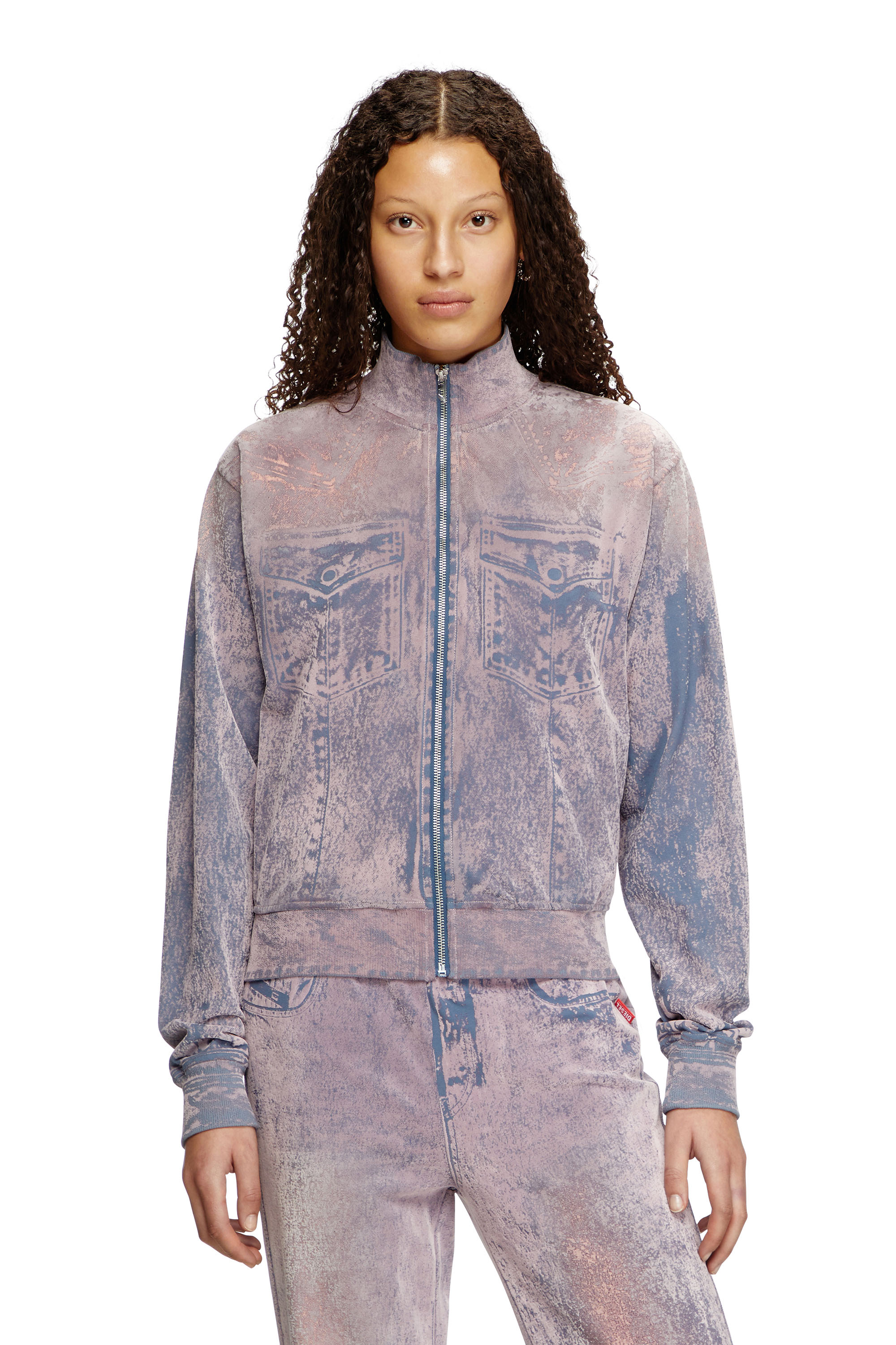 Diesel - F-SLITLY, Female's Trompe l'oeil flocked zip-up sweatshirt in Blue/Violet - 1