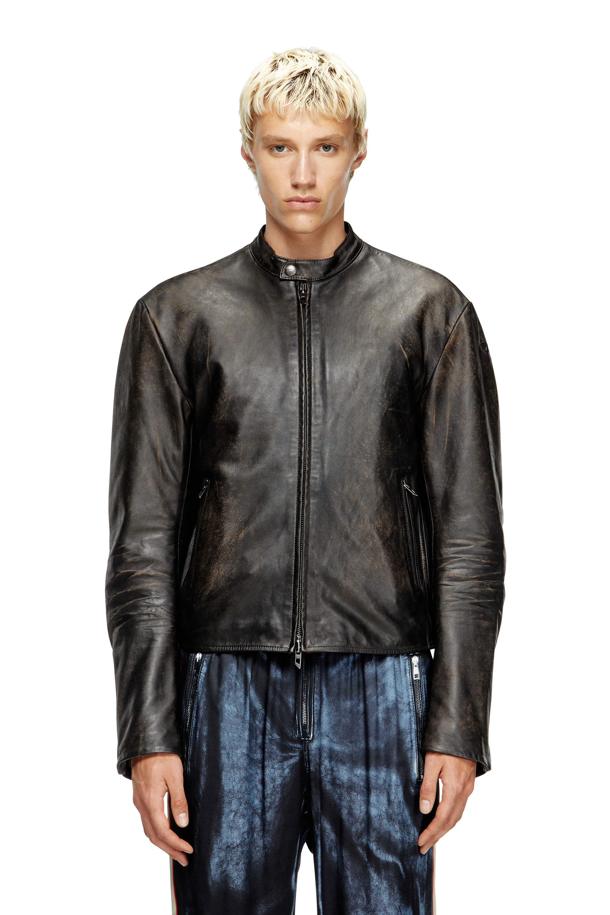 Diesel - L-AROSS, Veste de motard en cuir vieilli Homme in Marron - 1