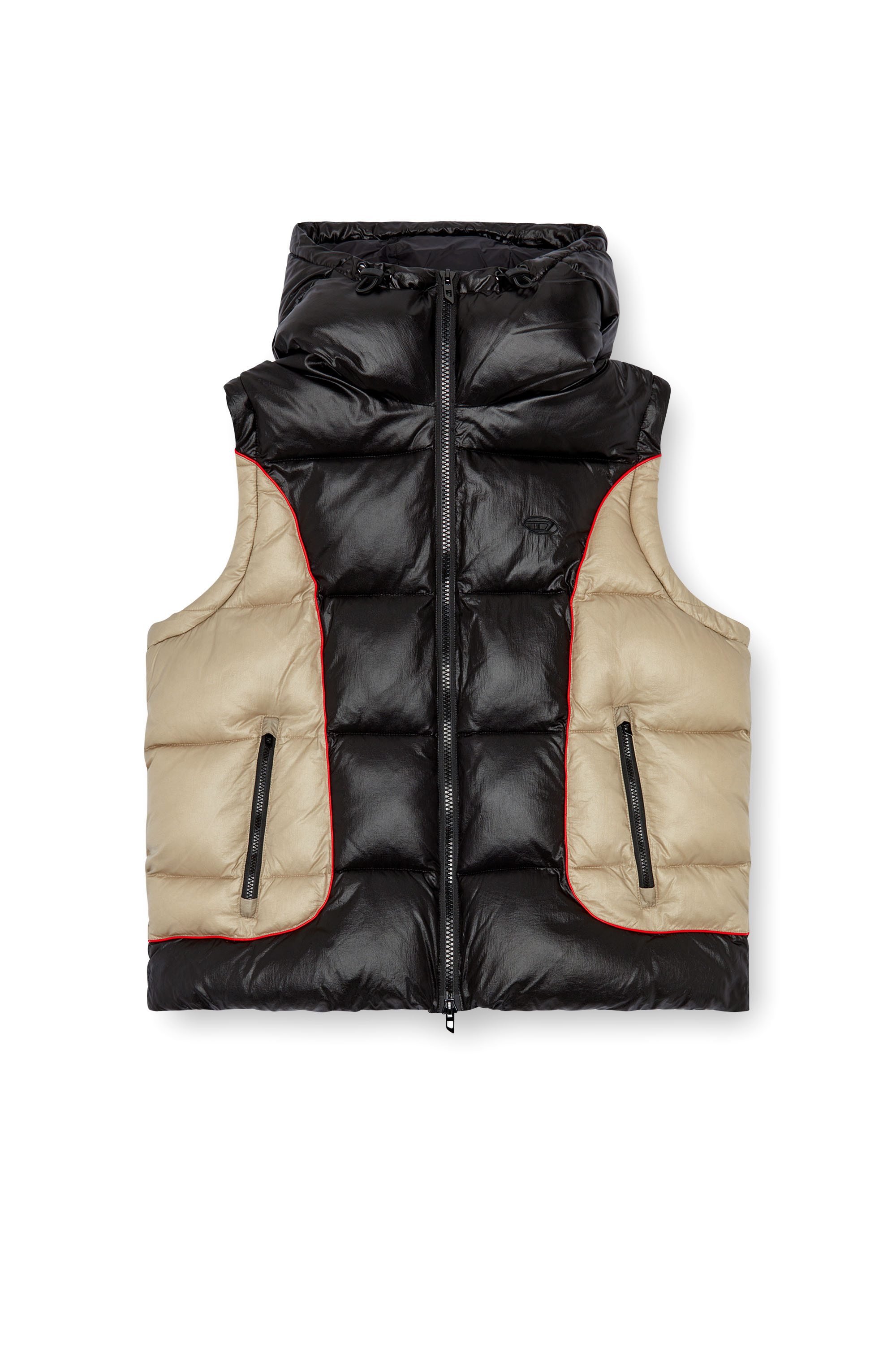 Diesel - W-OSTEND-SL, Male's Hooded puffer vest in shiny ripstop in Black/Beige - 5