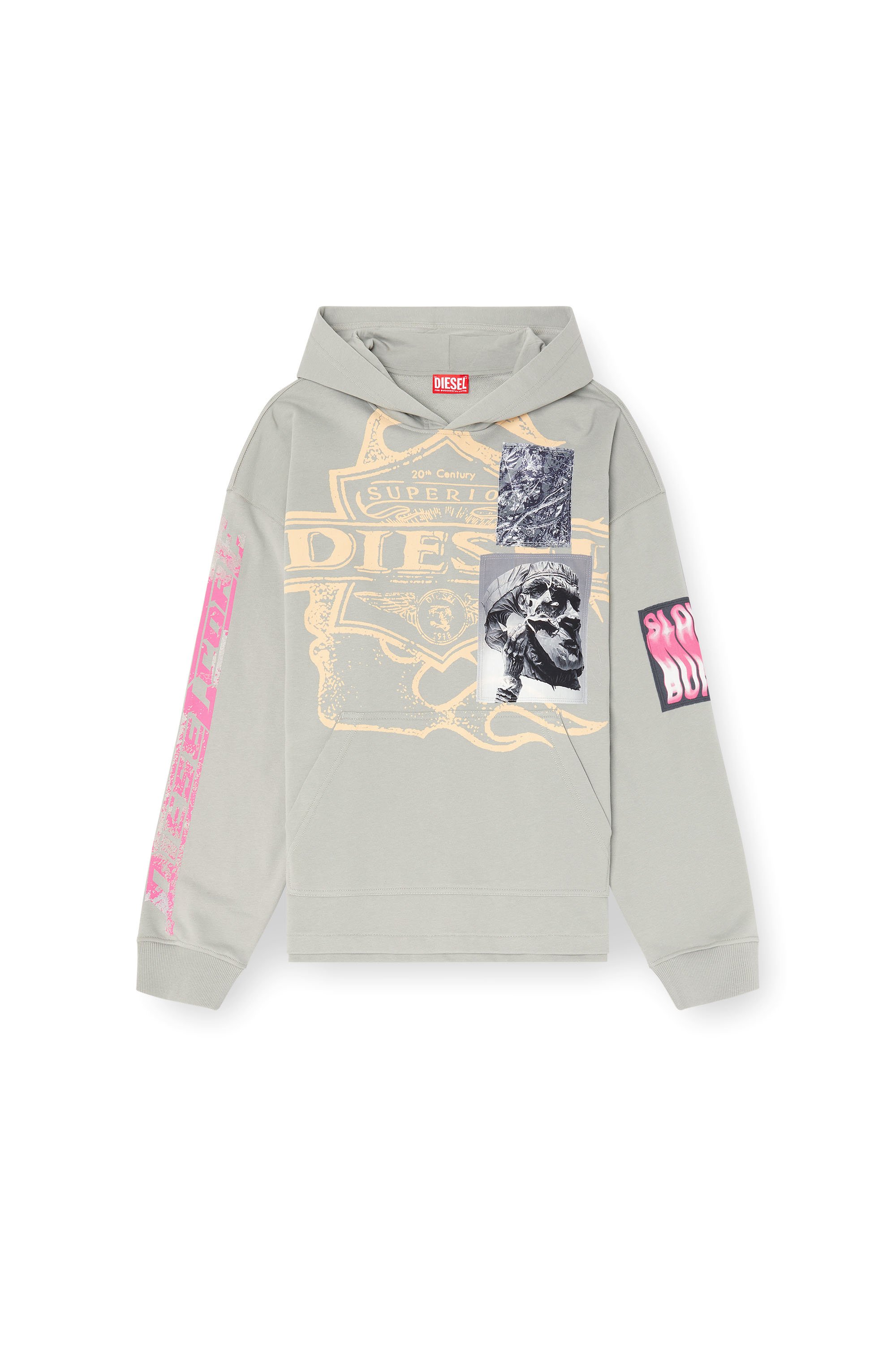 Diesel - S-BAXT-HOOD-R1, Sweat-shirt à capuche avec imprimés et empiècements à logo Homme in Gris - 4