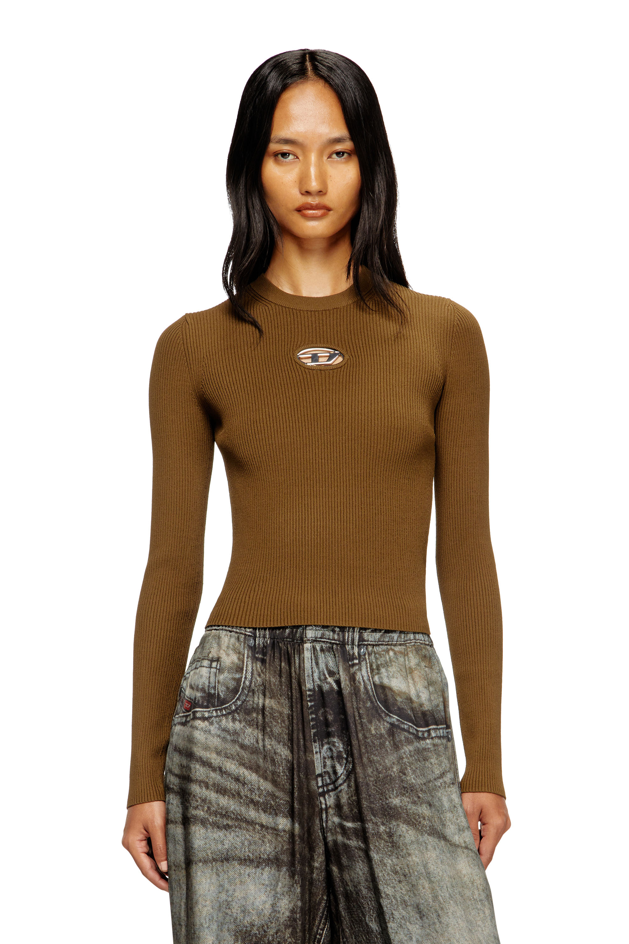 Diesel - M-VALARI, Female's Rib-knit viscose-blend top with Oval D in Green - 1