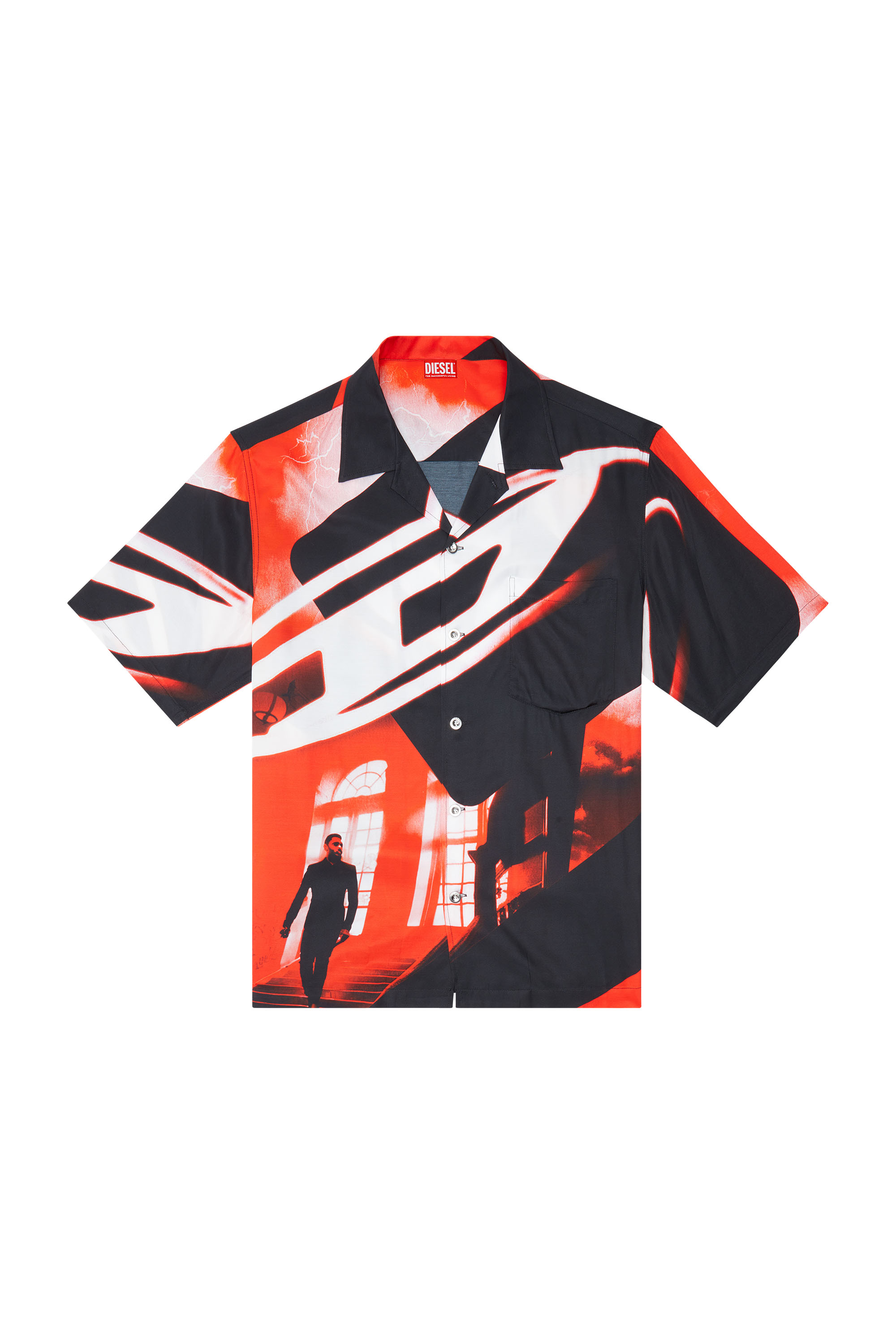 Diesel - BMOWT-ADRIAN, Male's Beach shirt with Oval D poster print in Red/Black - 4