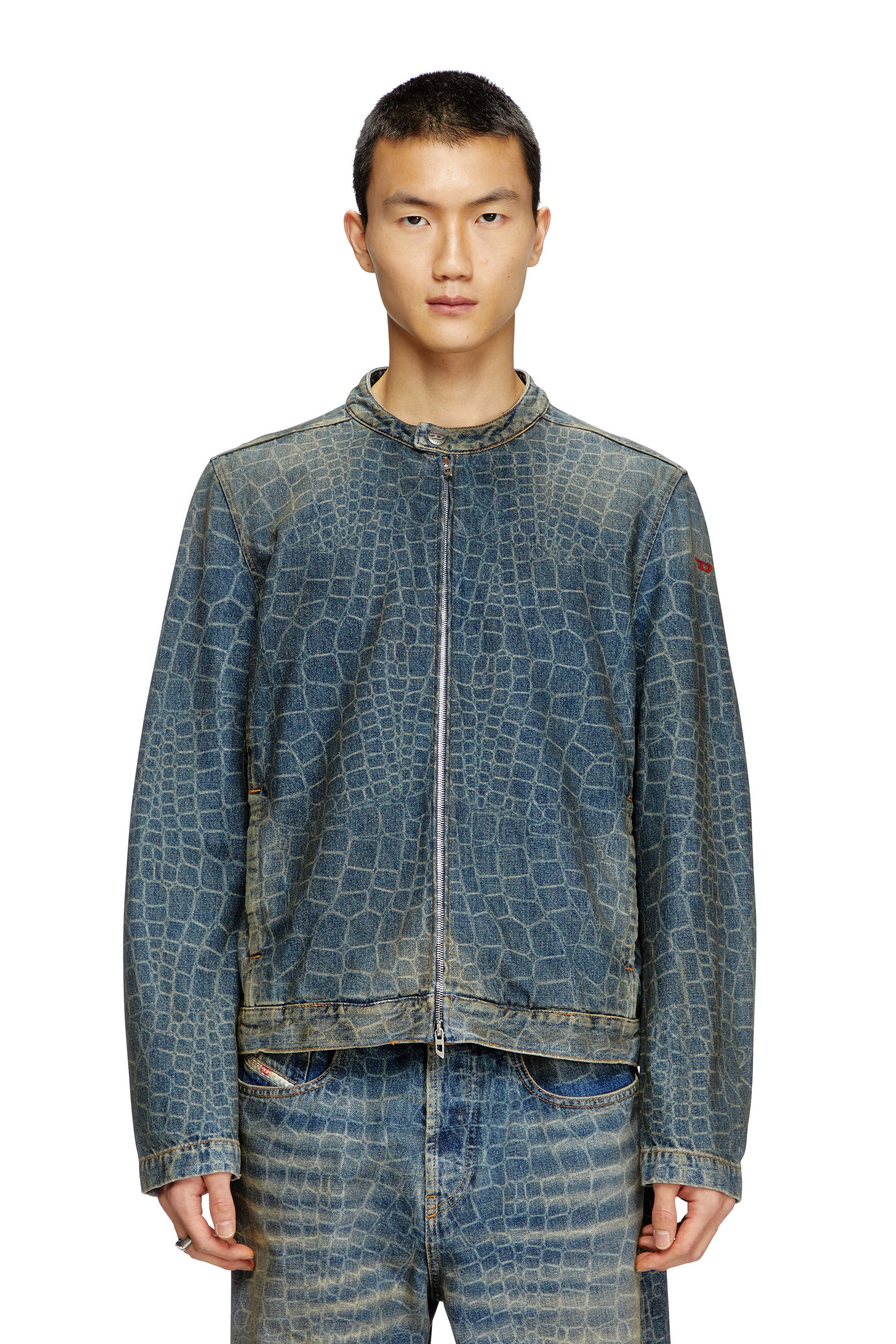 Diesel - CL-D-GLORY-SNAKE, Male's Moto jacket in snake-print denim in Dark Blue - 1