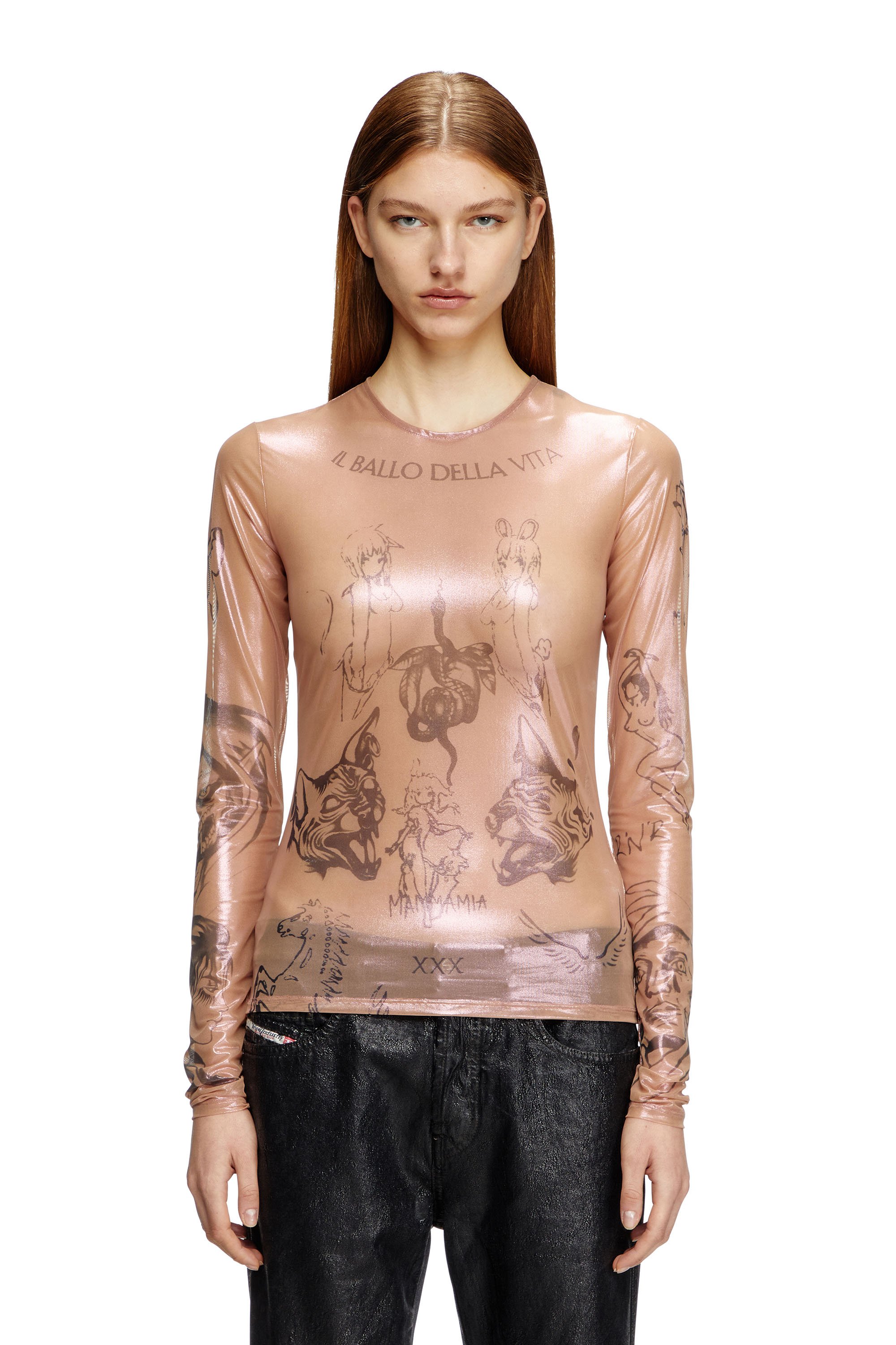 Diesel - T-CLAUDE-DD, Top tatouage en tulle stretch enduit Mixte in Rose - 5