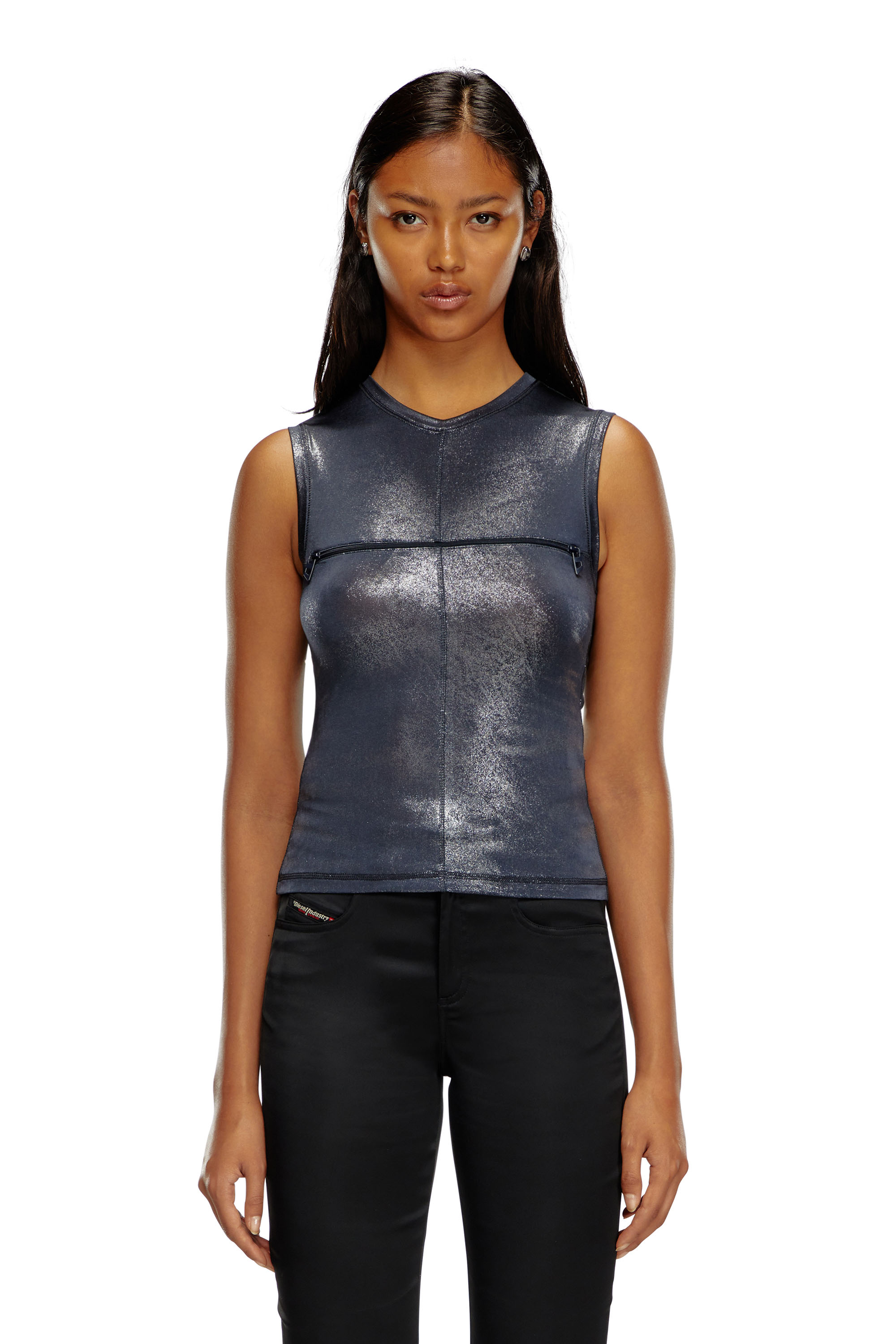 Diesel - T-VEZZY, Female's Metallic tank top with chest slit in Blue - 4