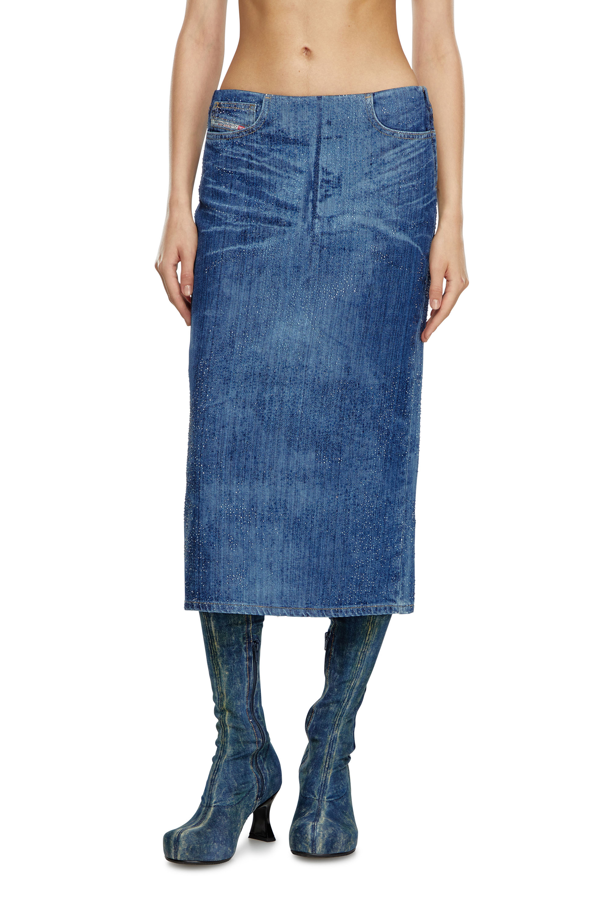 Diesel - DE-PRA-S3, Jupe crayon en denim strass Femme in Bleu - 2