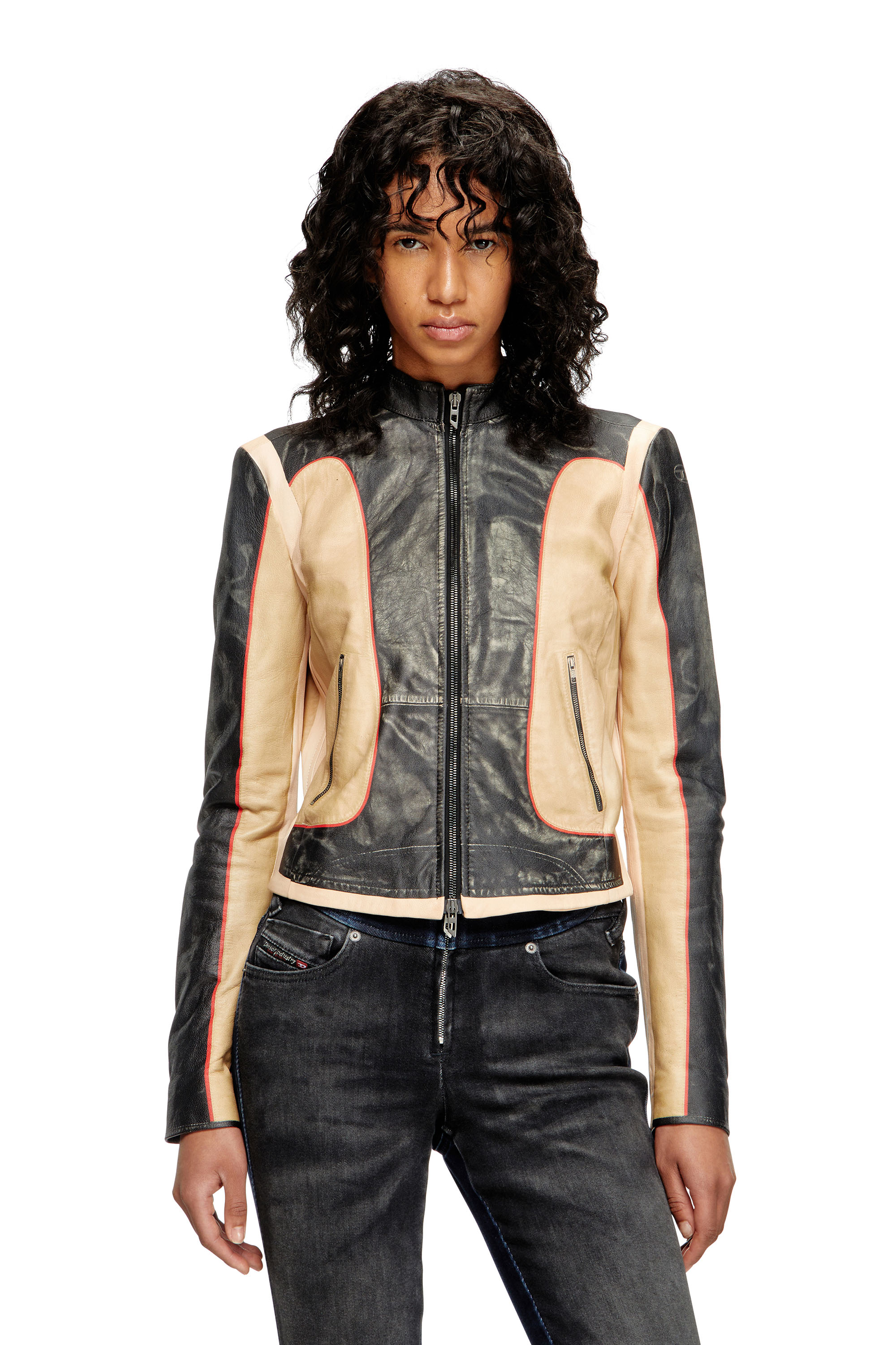 Diesel - L-OONIE, Female's Trompe l'oeil-effect leather biker jacket in null - 1