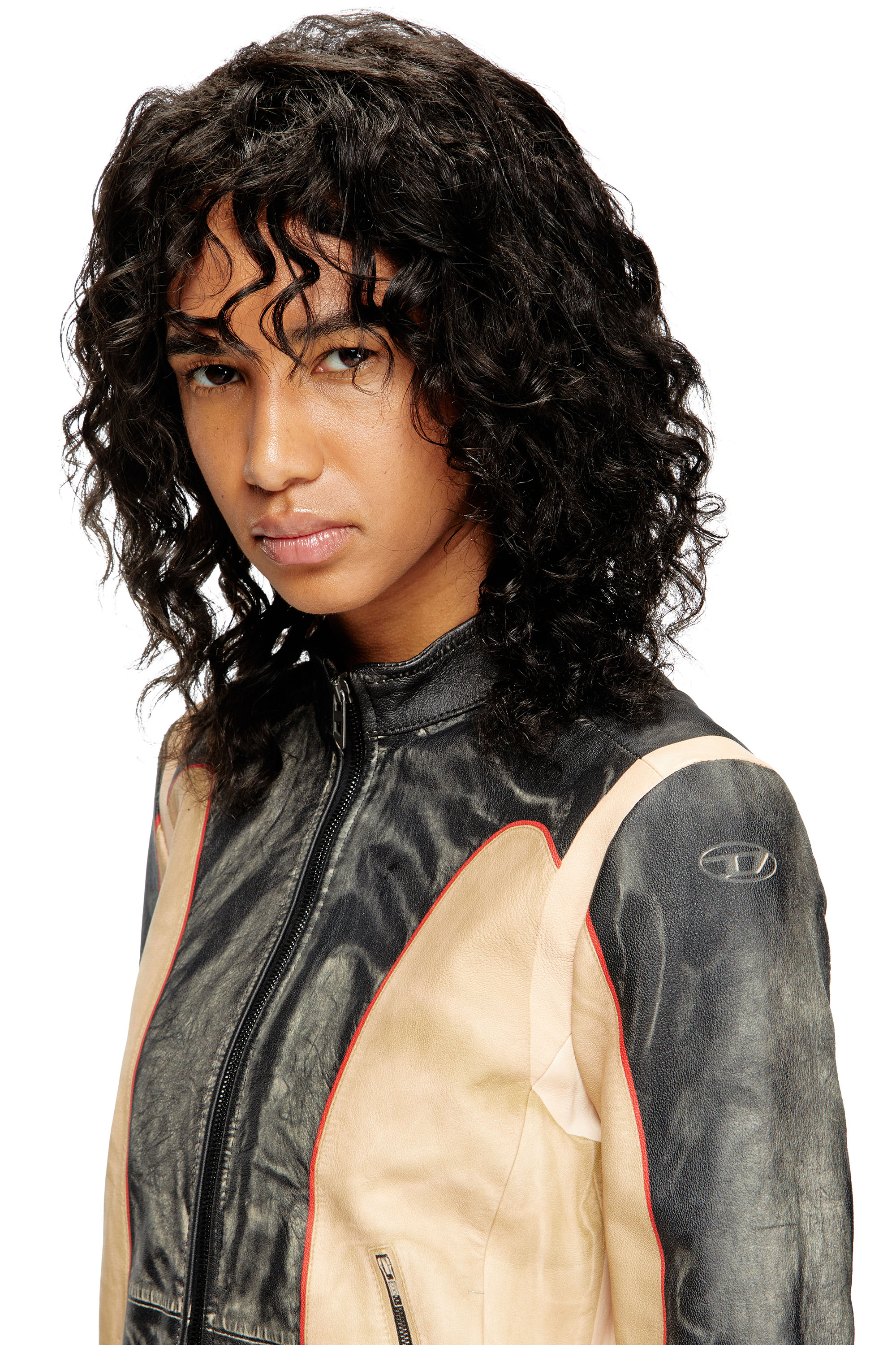 Diesel - L-OONIE, Female's Trompe l'oeil-effect leather biker jacket in null - 4