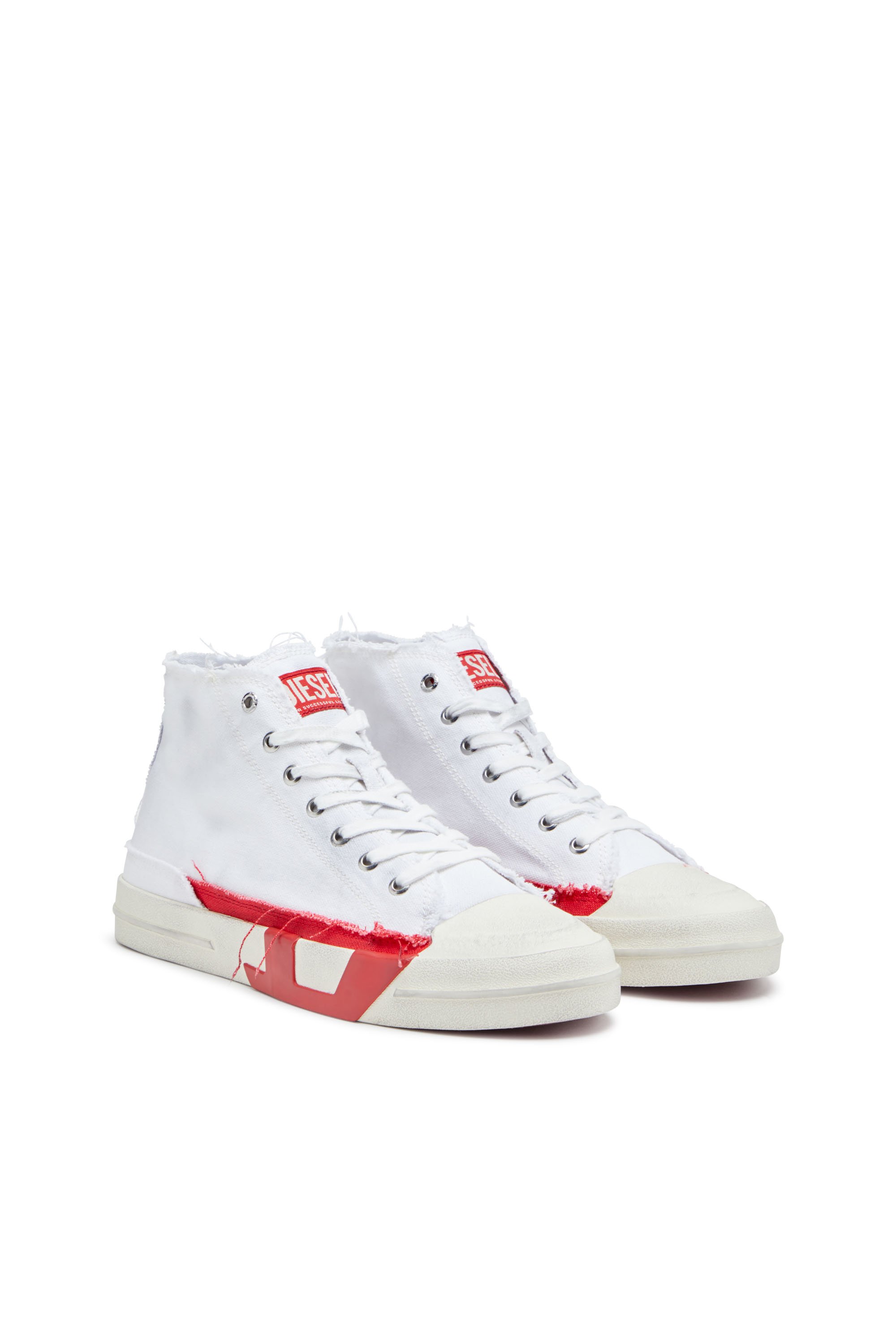 Diesel - S-D-VERSE MID, Male's Dirty-effect high-top canvas sneakers in White/Red - 2