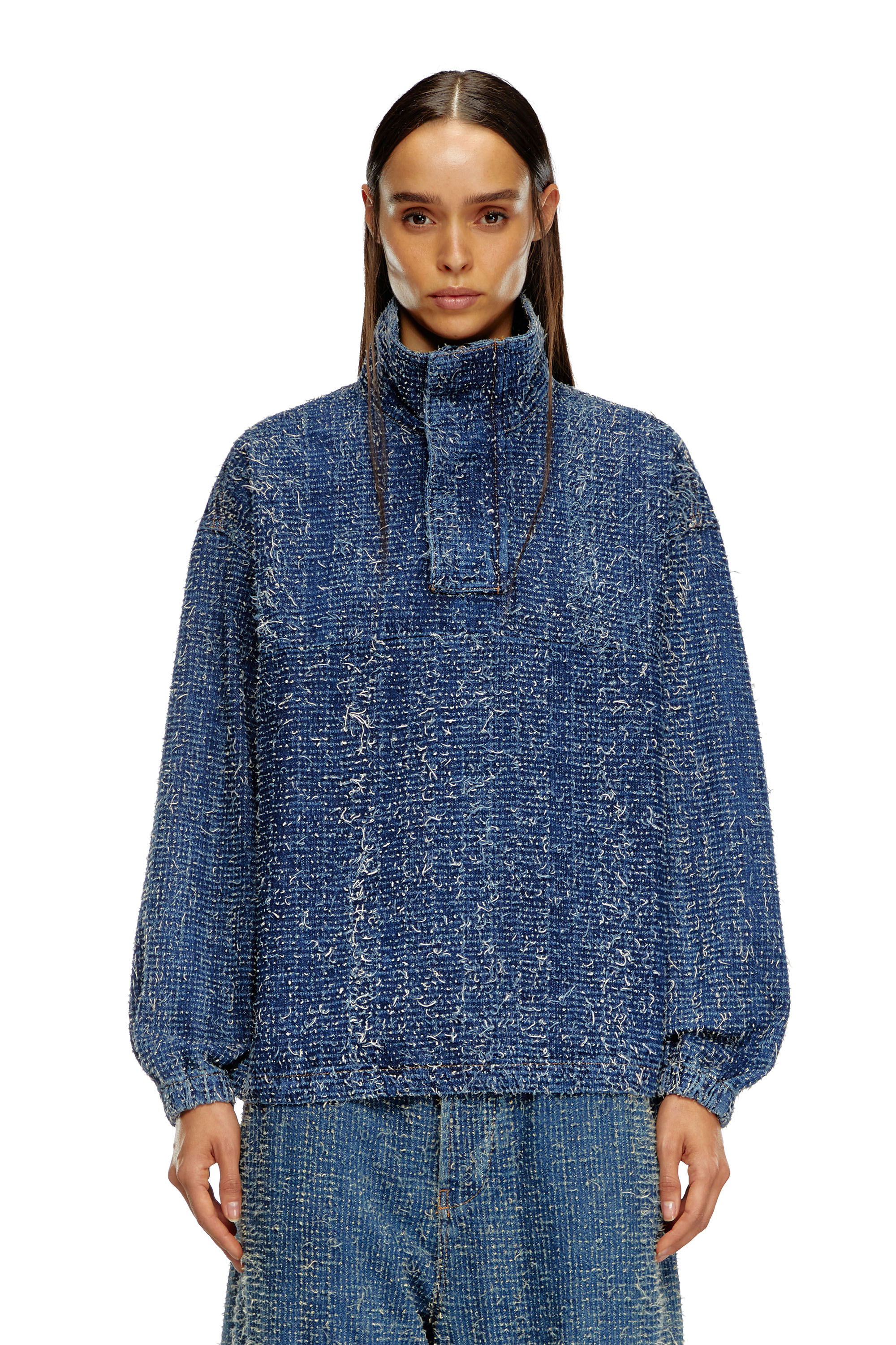 Diesel - D-FLOW-S, Unisex's Pullover jacket in bouclé denim in Dark Blue - 1