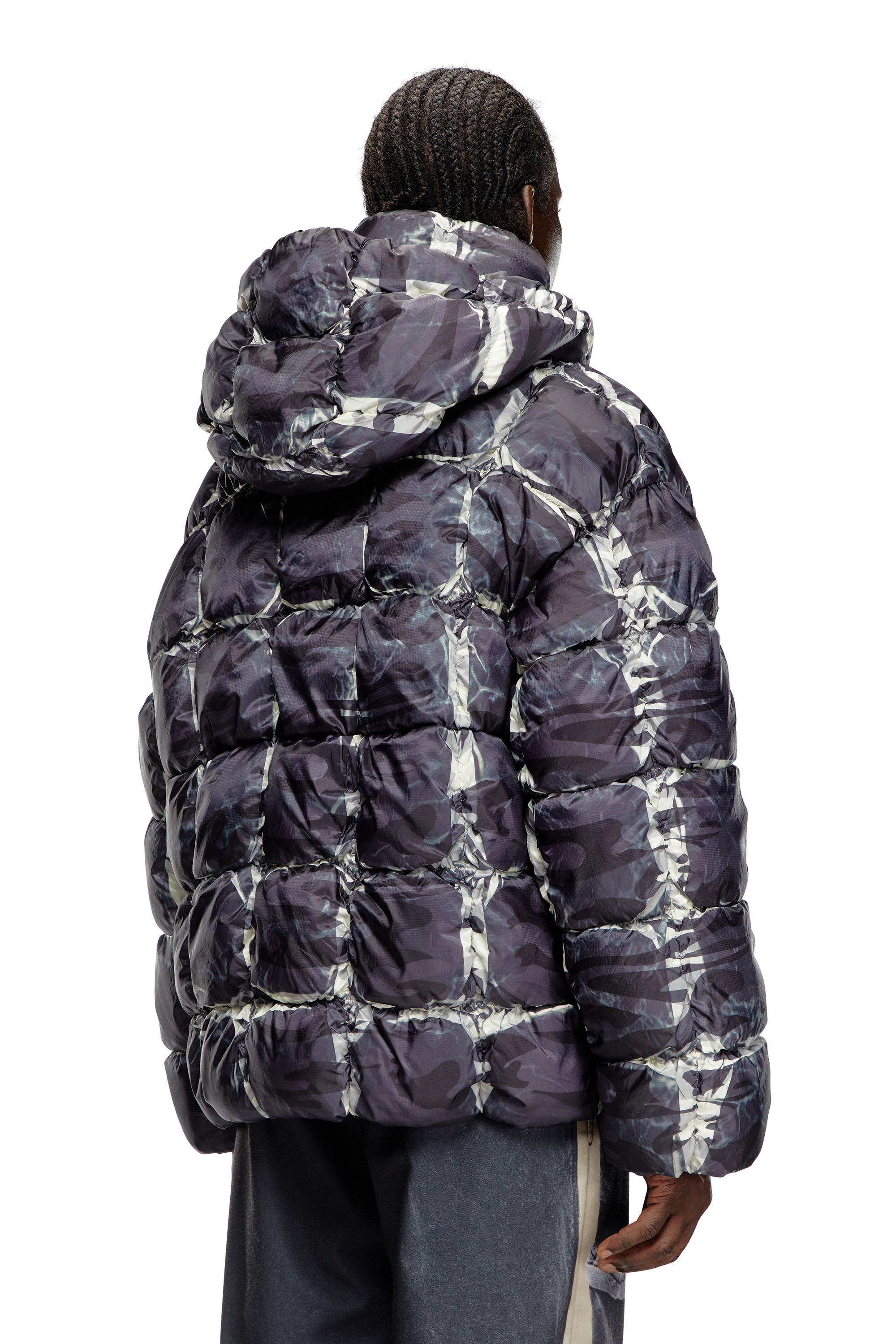 Diesel - W-CLAUS-CAMU, Male Hooded puffer jacket with camo print in Grey - Image 4