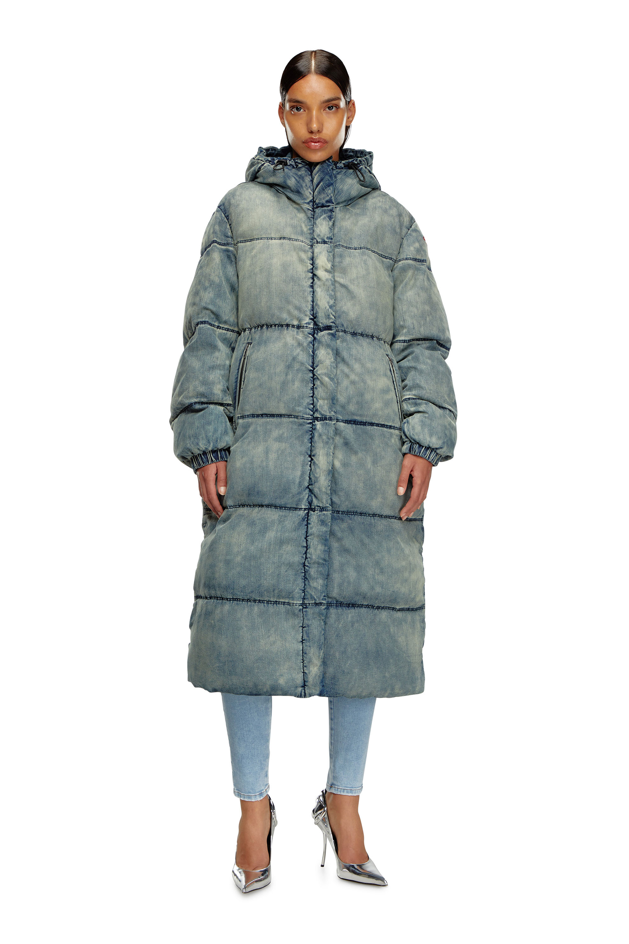 Diesel - W-AVES-LONG, Female's Hooded puffer coat in stretch denim in Blue - 1