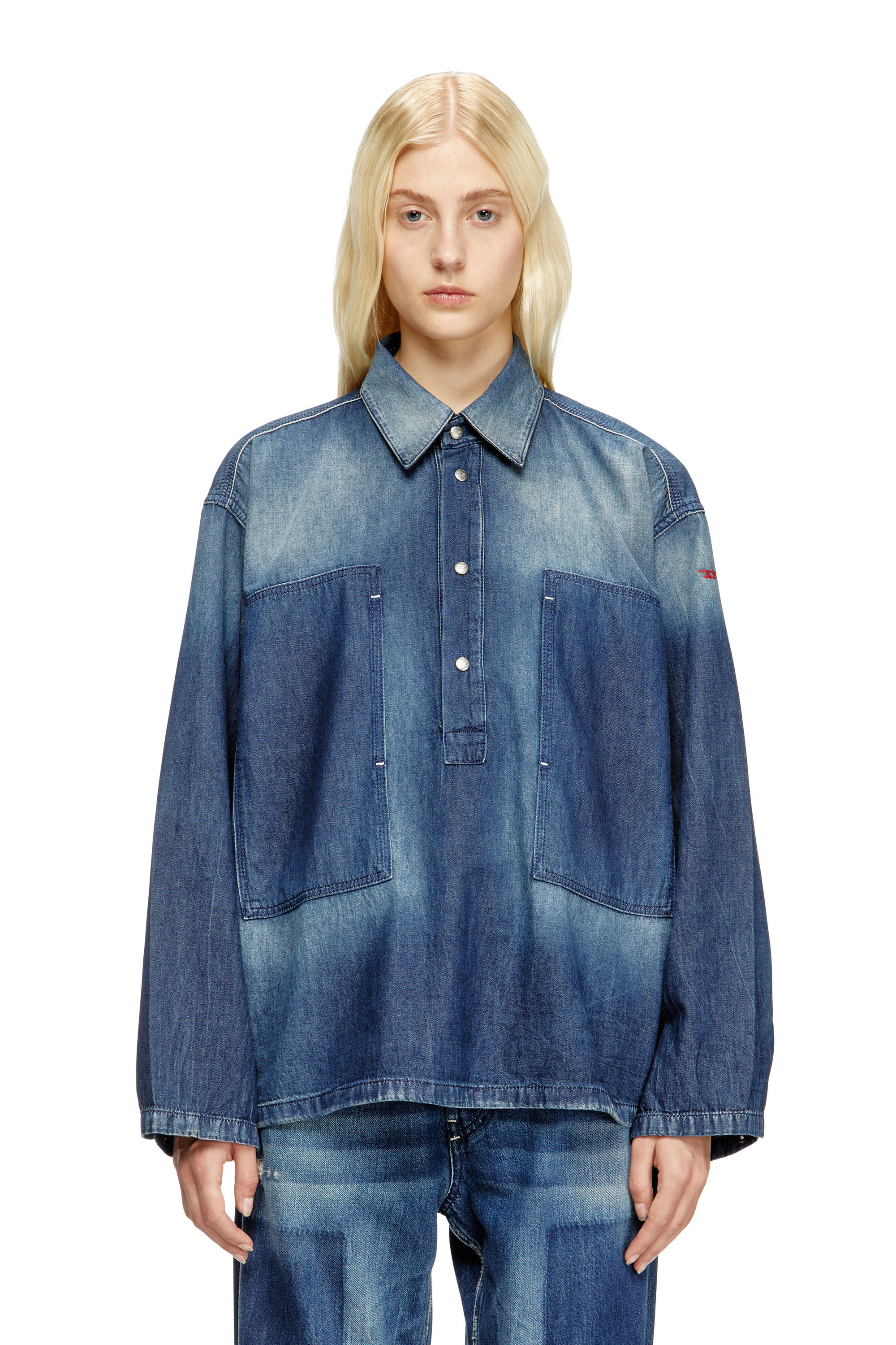 Diesel - DE-PRISS, Female's Henley top in contrast-effect denim in Medium Blue - 1