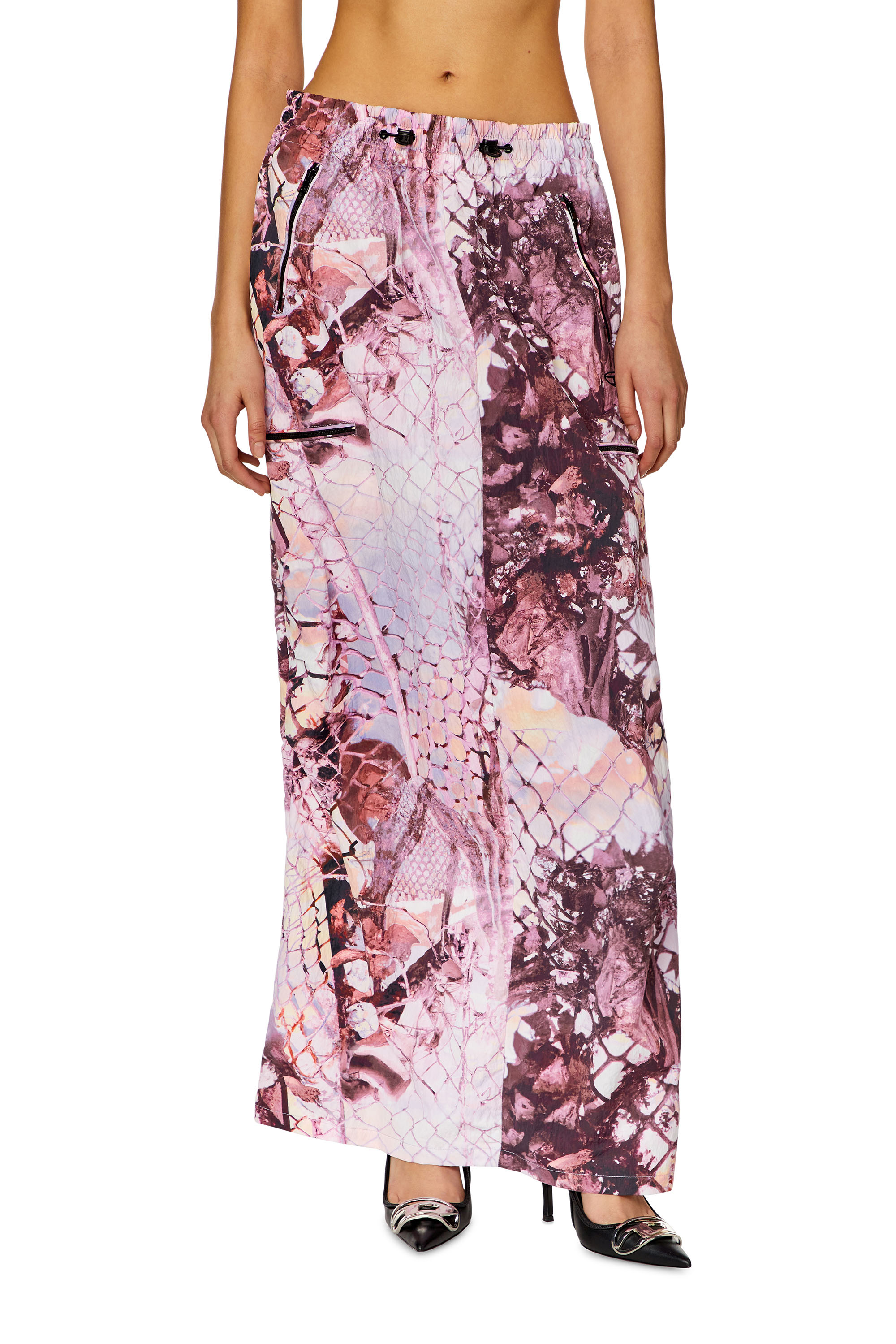 Diesel - O-DIAMY-N1, Female Long skirt in printed crinkled nylon in Violet - Image 1
