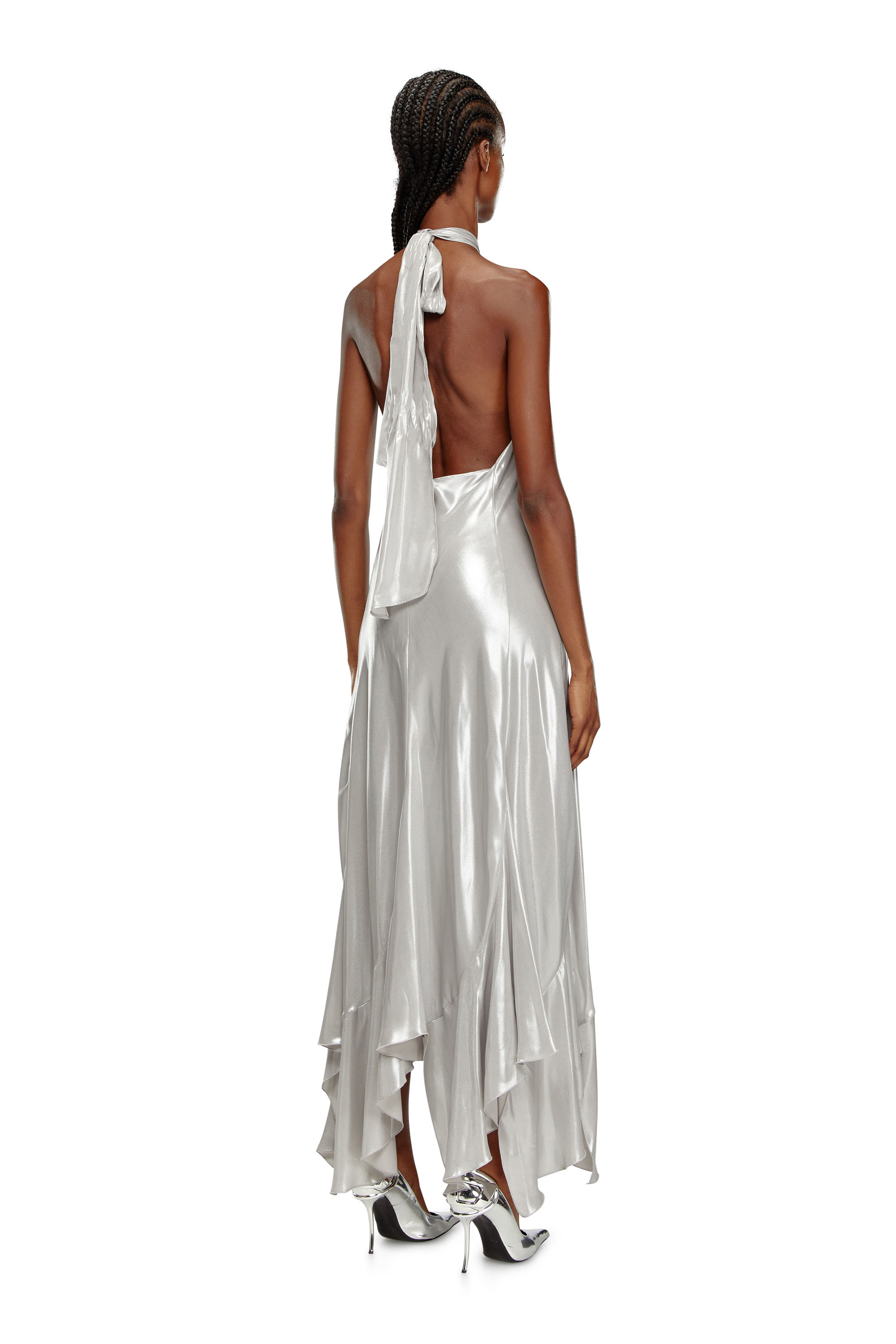 Diesel - D-YNAMITE, Female's Long metallic halterneck dress in Light Grey - 2