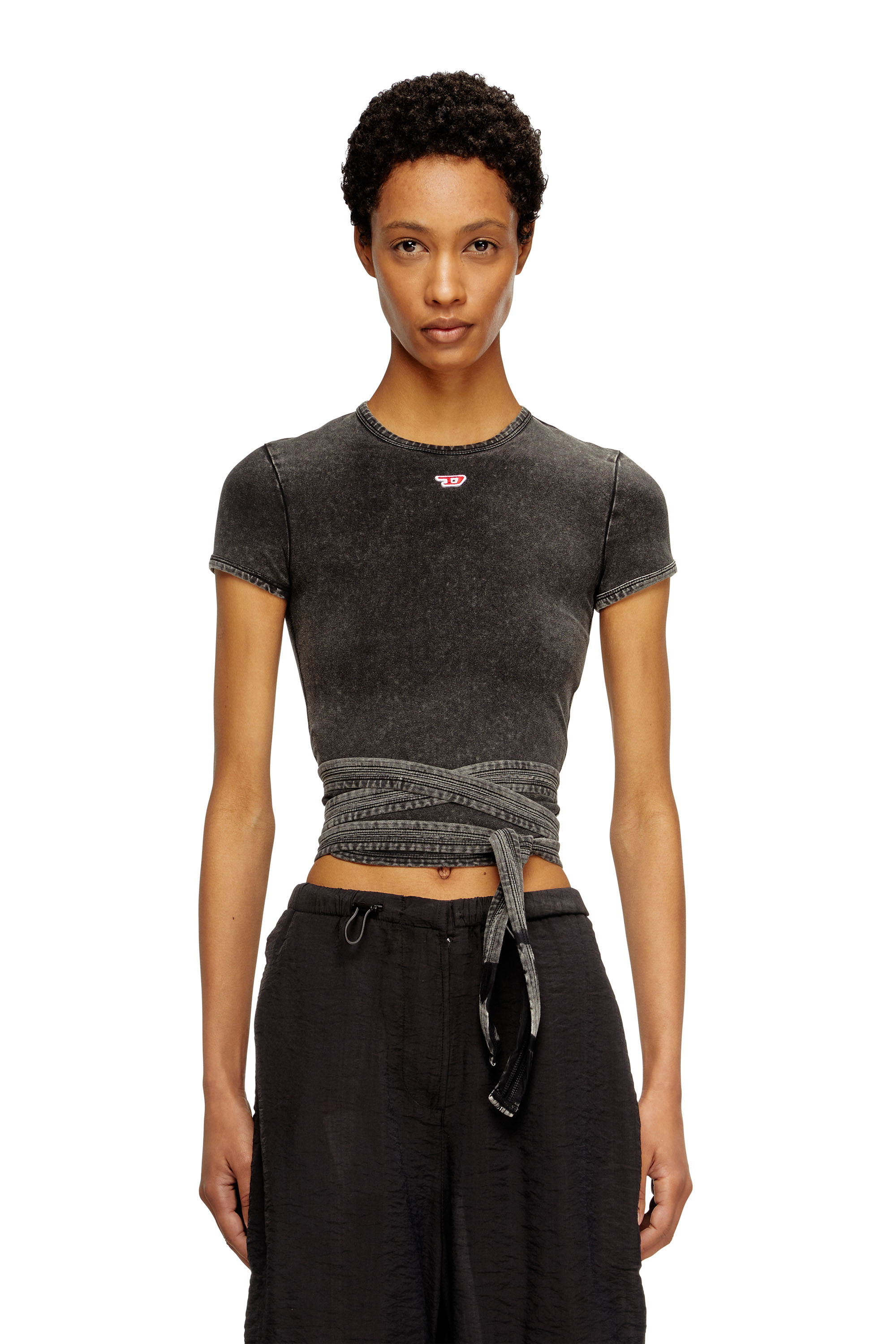 Diesel - T-BUNNY-TAIL-R1, Female's Denim-look T-shirt with wrap ties in Black - 1