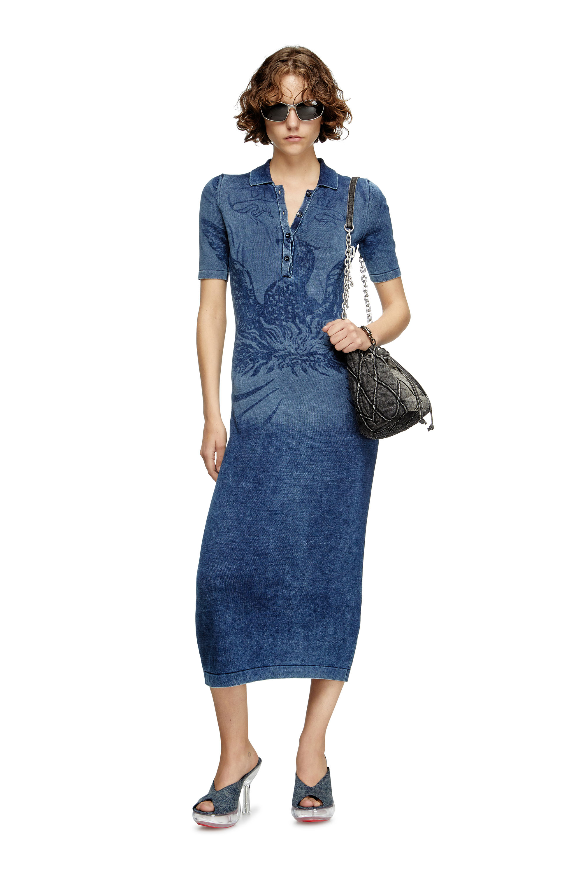 Diesel - M-FENNY-DRS, Robe polo midi en maille effet denim Femme in Bleu - 1