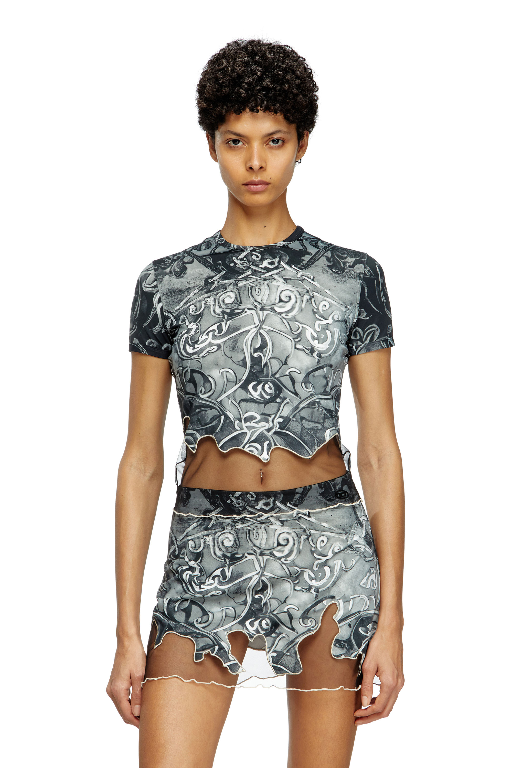 Diesel - T-INLAY, Female's Nylon T-shirt with Heraldic print in Black/Grey - 1